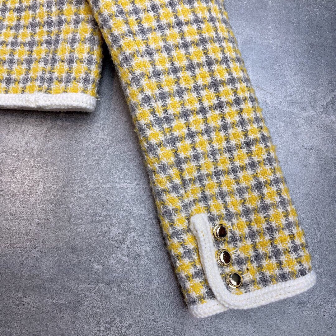 Miumiu 2025 Round Neck Long-sleeved Coat Yellow Tweeed Wool