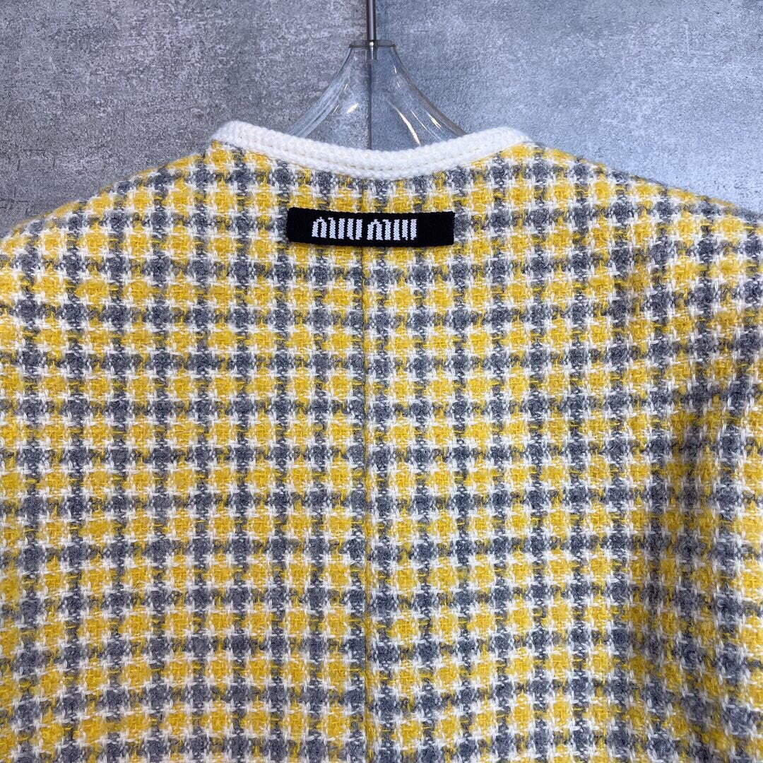 Miumiu 2025 Round Neck Long-sleeved Coat Yellow Tweeed Wool
