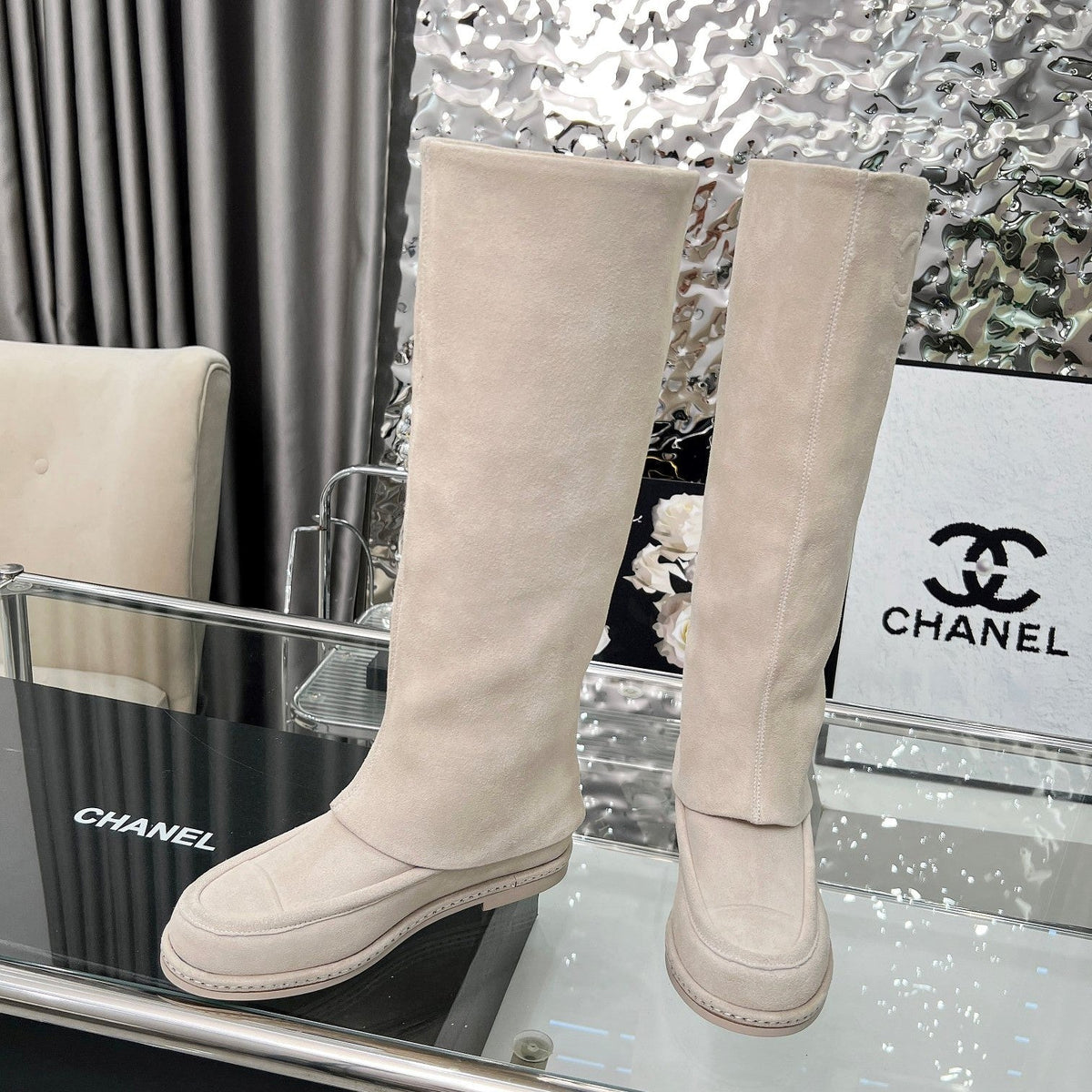 CC 26s High Boots Knee High Boots Light Beige Suede 120206