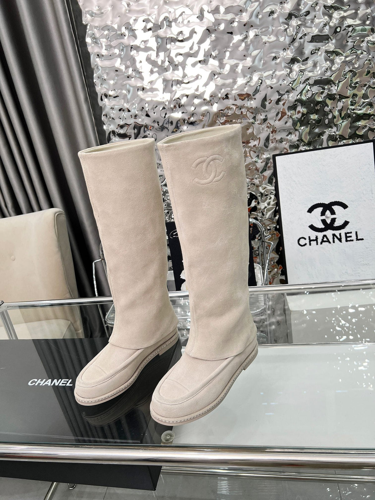 CC 26s High Boots Knee High Boots Light Beige Suede 120206