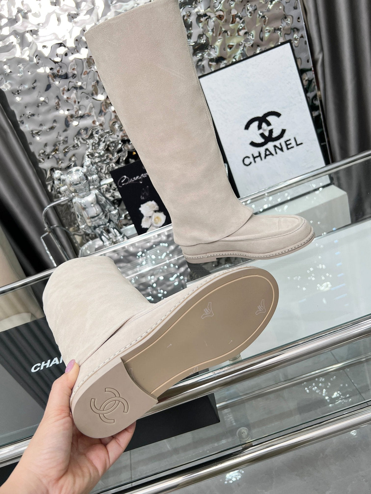 CC 26s High Boots Knee High Boots Light Beige Suede 120206