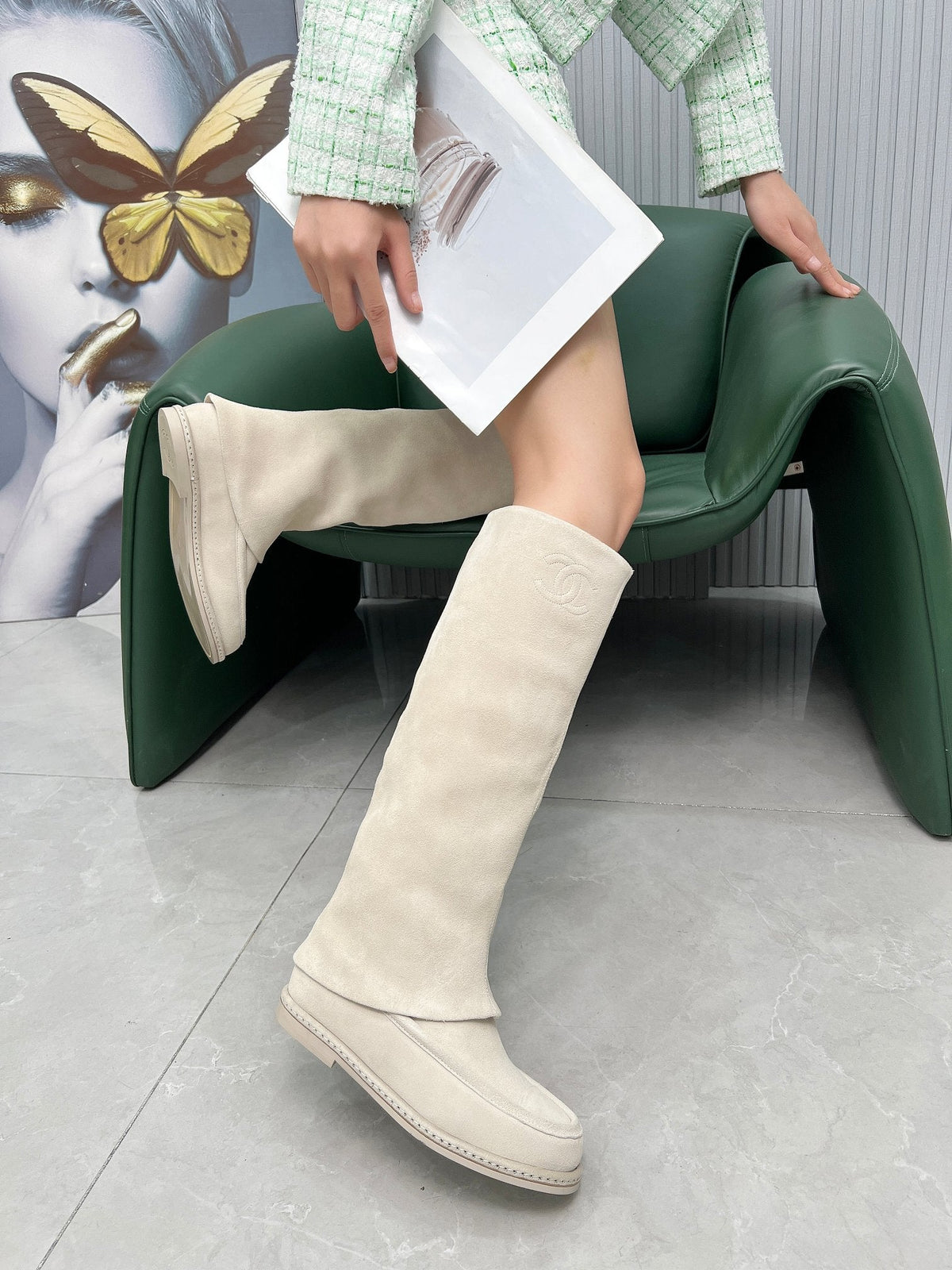 CC 26s High Boots Knee High Boots Light Beige Suede 120206