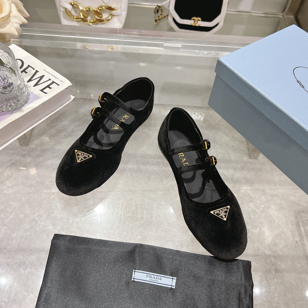 Prada 26s Finish Ballerina Black Velvet 982412