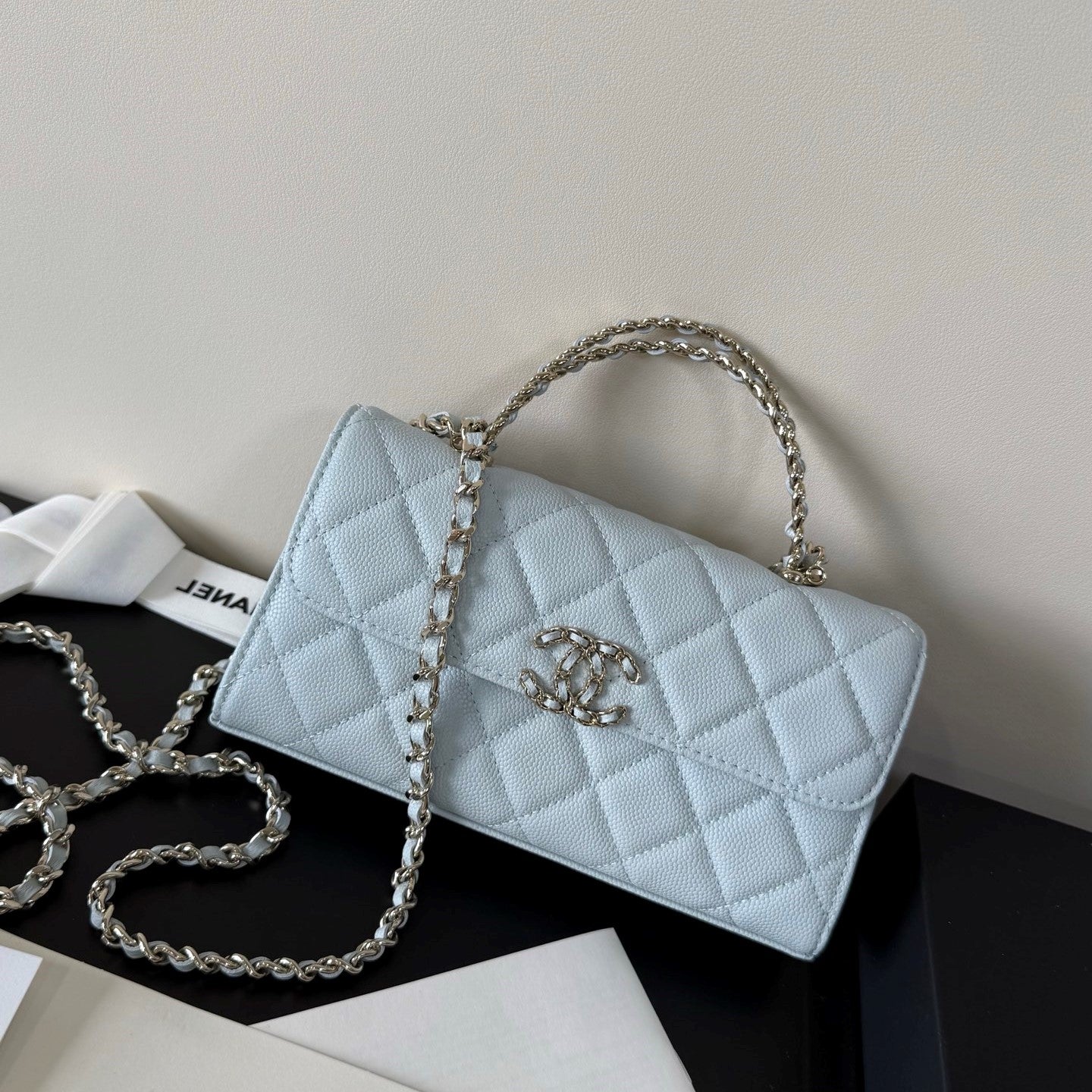 CC 23P Top Handle Kelly Clutch Light Blue Caviar Leather 282521