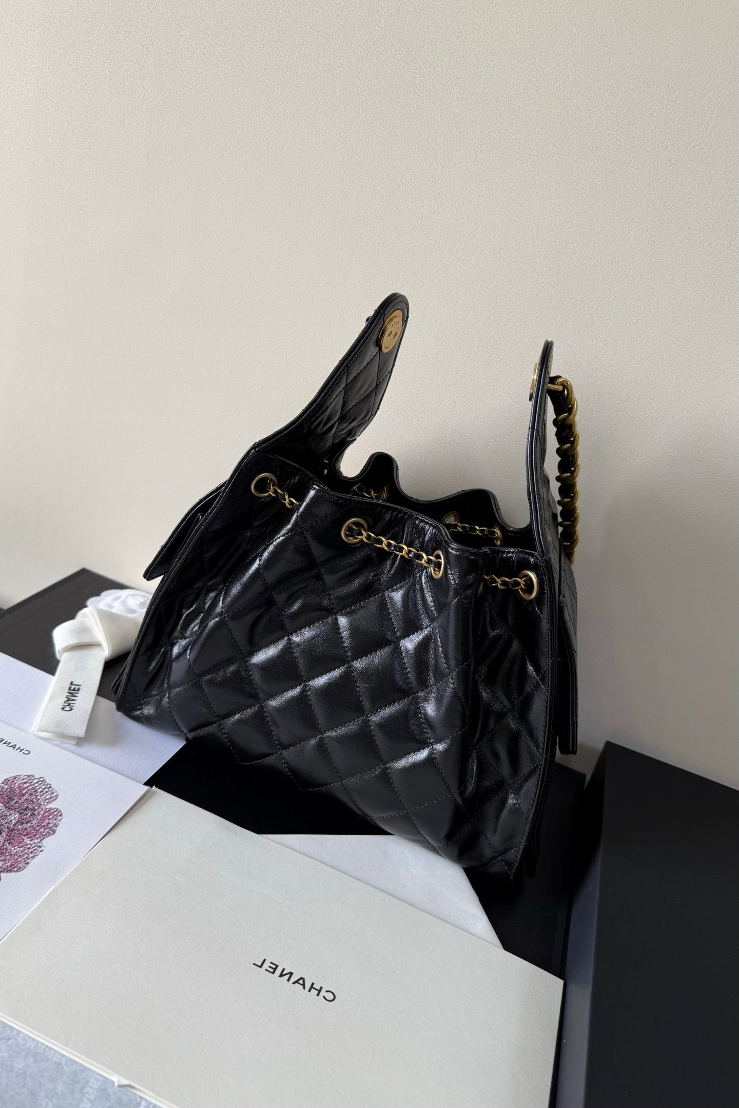 CC 25 Hobo Bag 26cm Black Glossy Leather GHW 282460