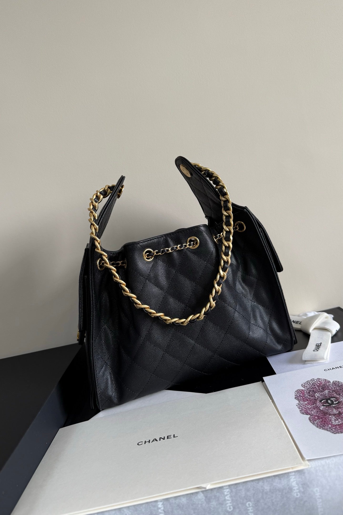 CC 25 Hobo Bag 26cm Black Grained Calfskin Leather GHW 282478
