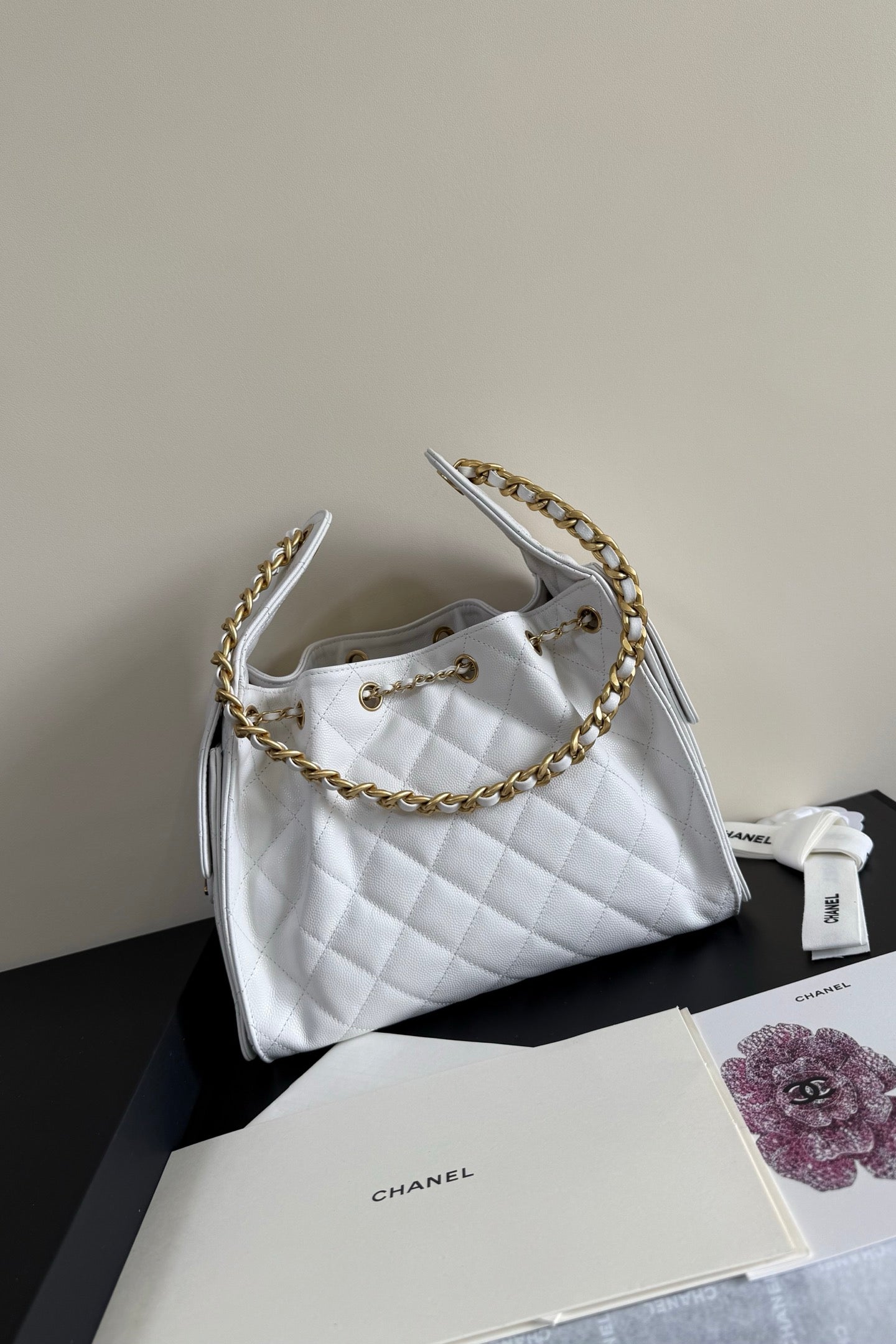 CC 25 Hobo Bag 26cm White Grained Calfskin Leather GHW 282485