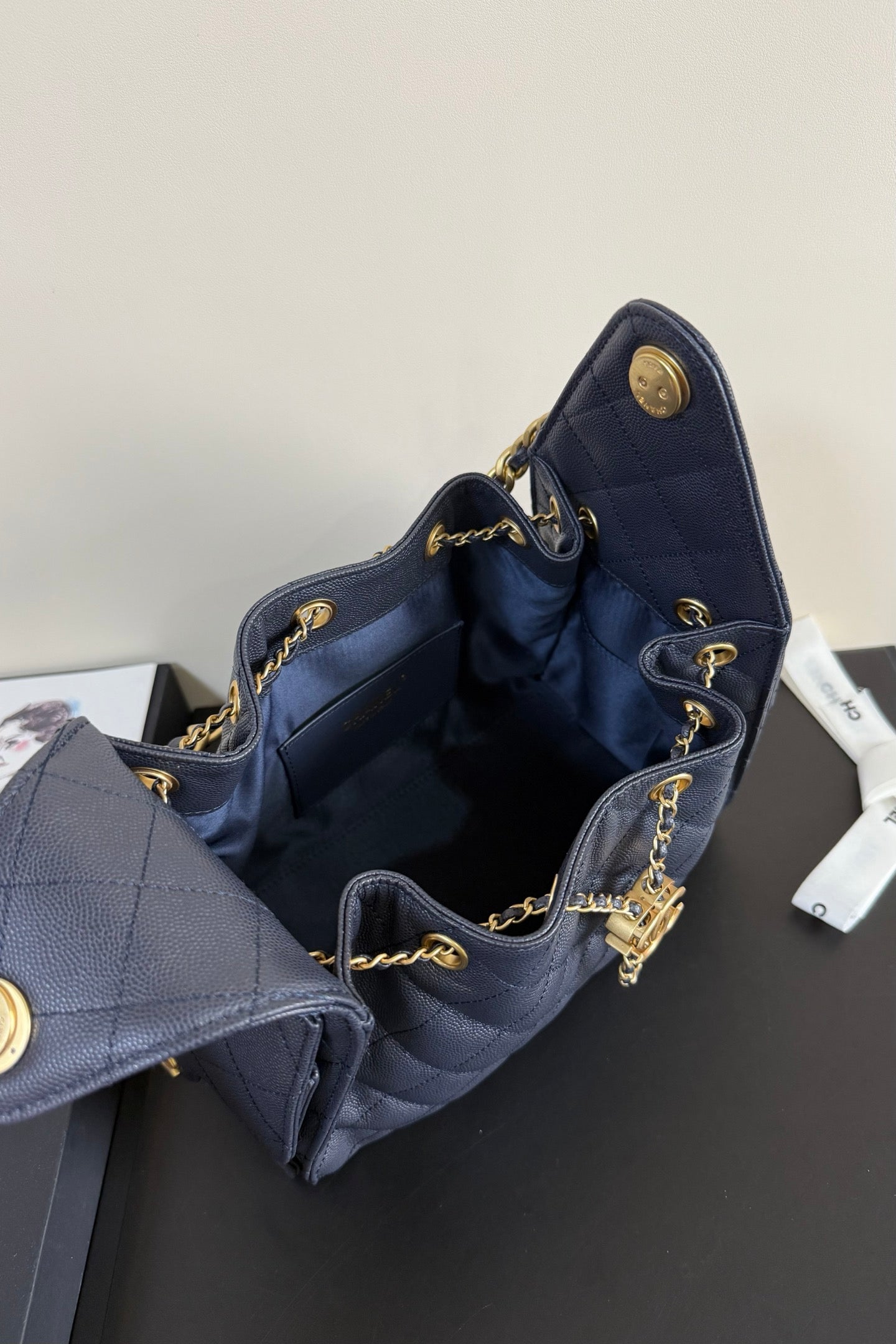 CC 25 Hobo Bag Navy Blue Grained Calfskin Leather GHW 282494