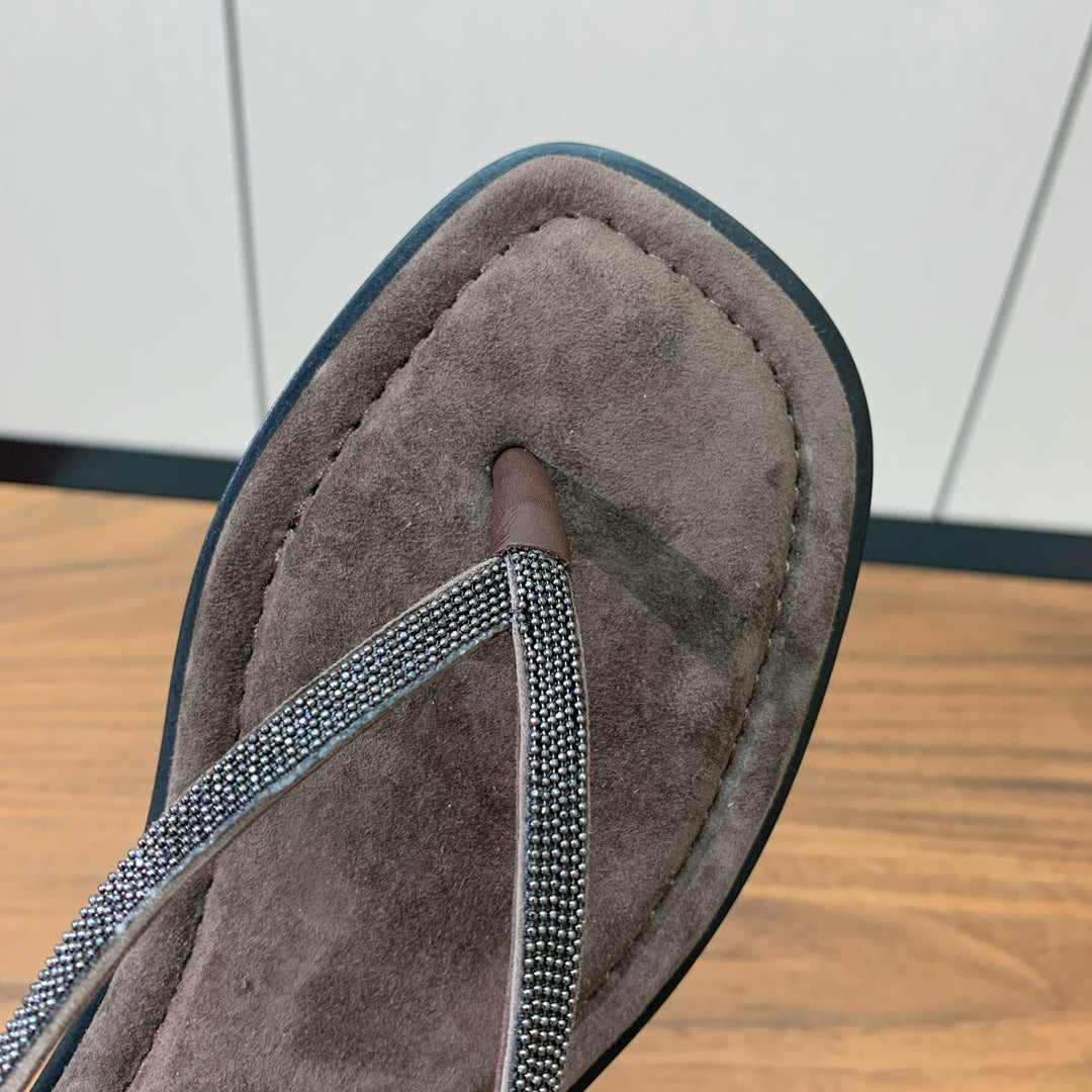Brunello Cucinelli Flat Sandals Taupe Suede 934692