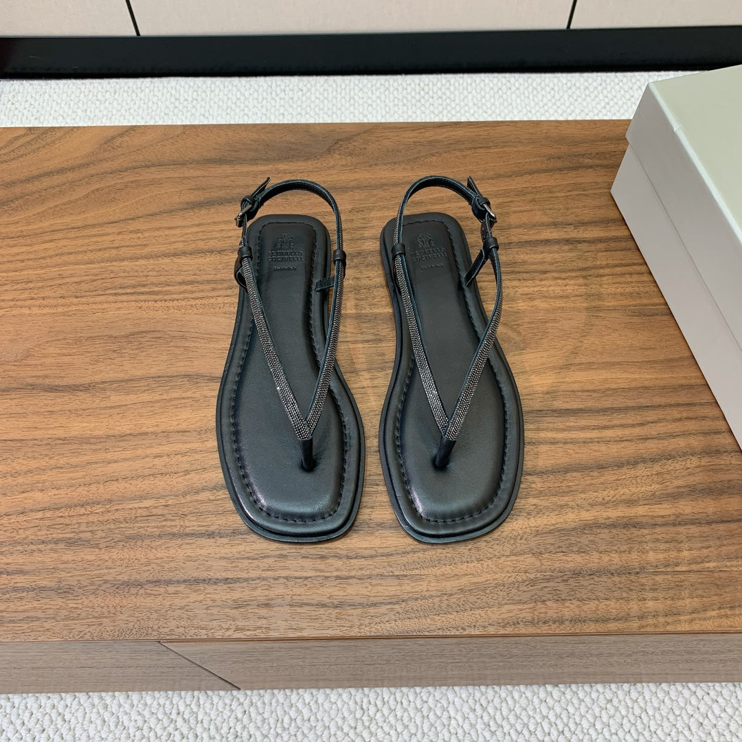 Brunello Cucinelli Flat Sandals Black Leather 934694