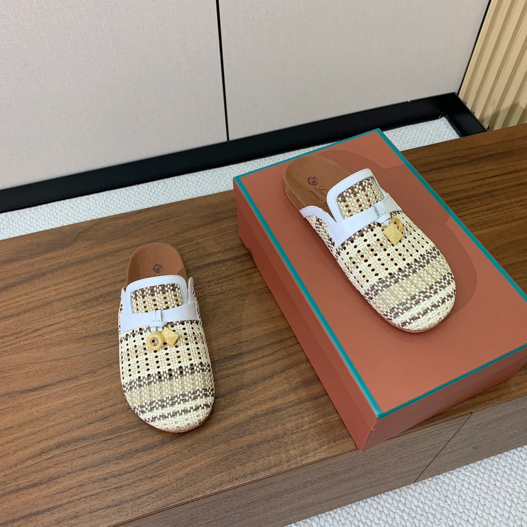 LP Birkenstock slippers white beige brown raffia calfskin 386727