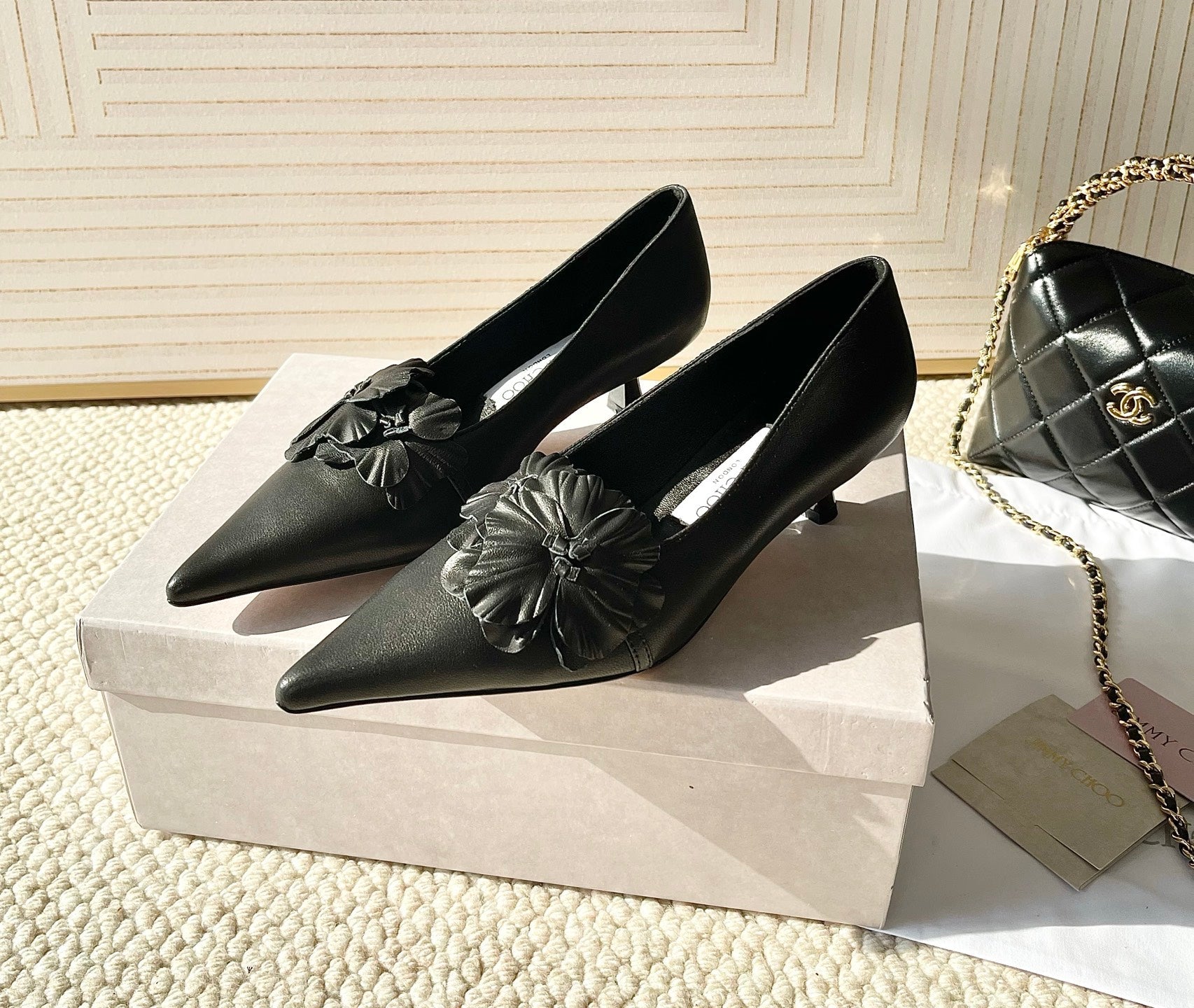 Jimmy Choo Skye Corsage Pump 4.5cm Black Sheepskin 669842