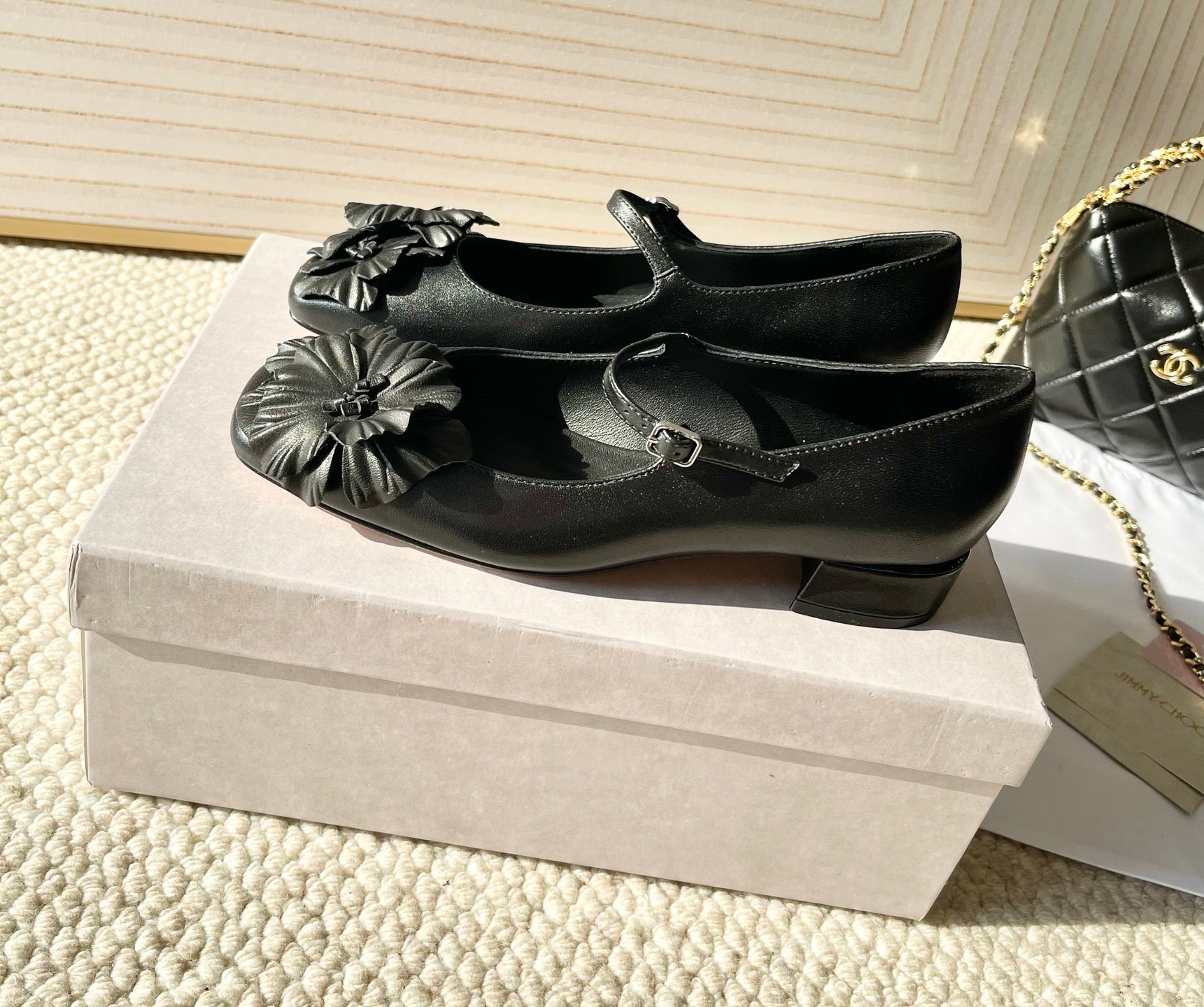 Jimmy Choo Skye Corsage Ballet Flat Black Sheepskin 669845