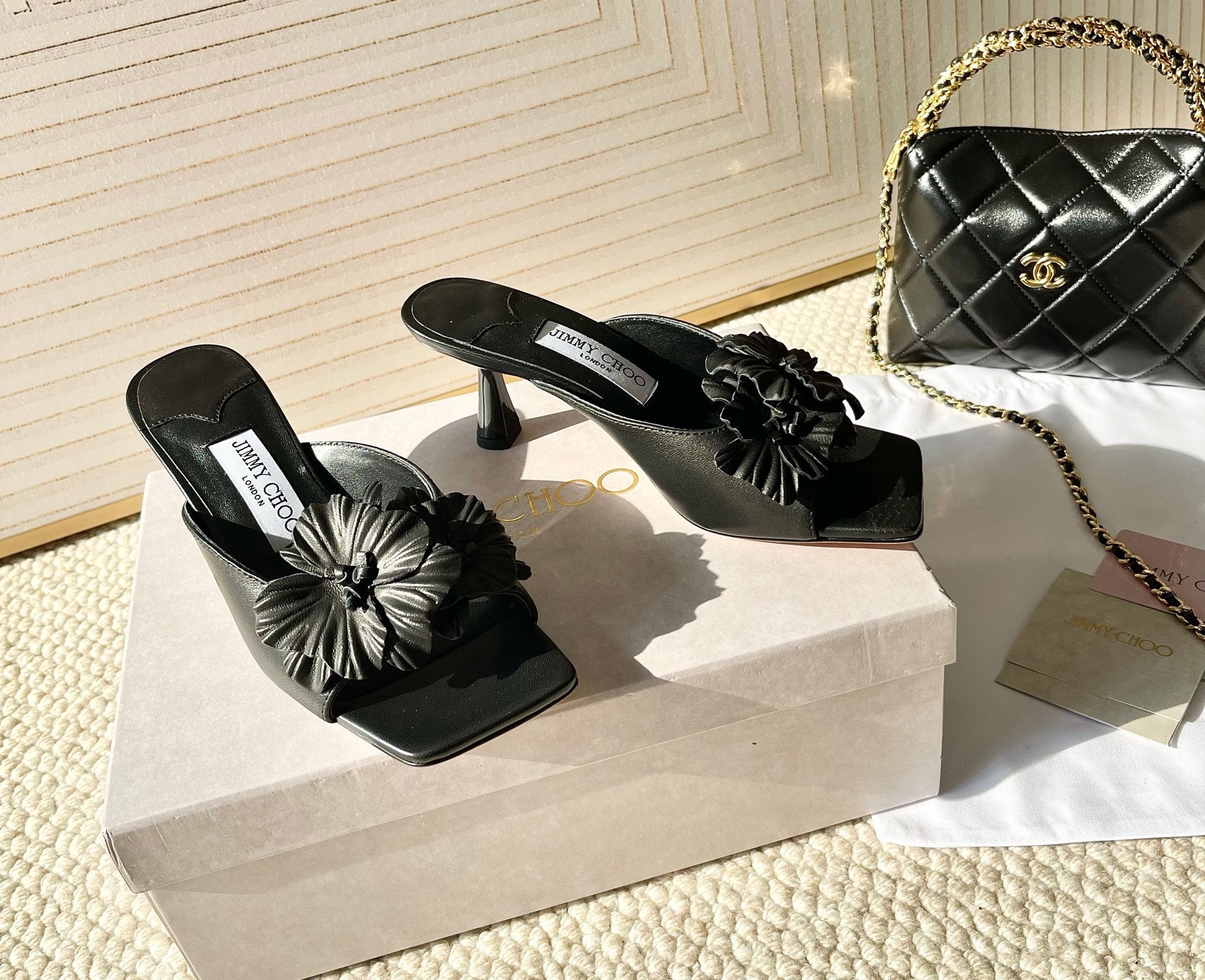 Jimmy Choo Skye Corsage Sandals Black Sheepskin 669846