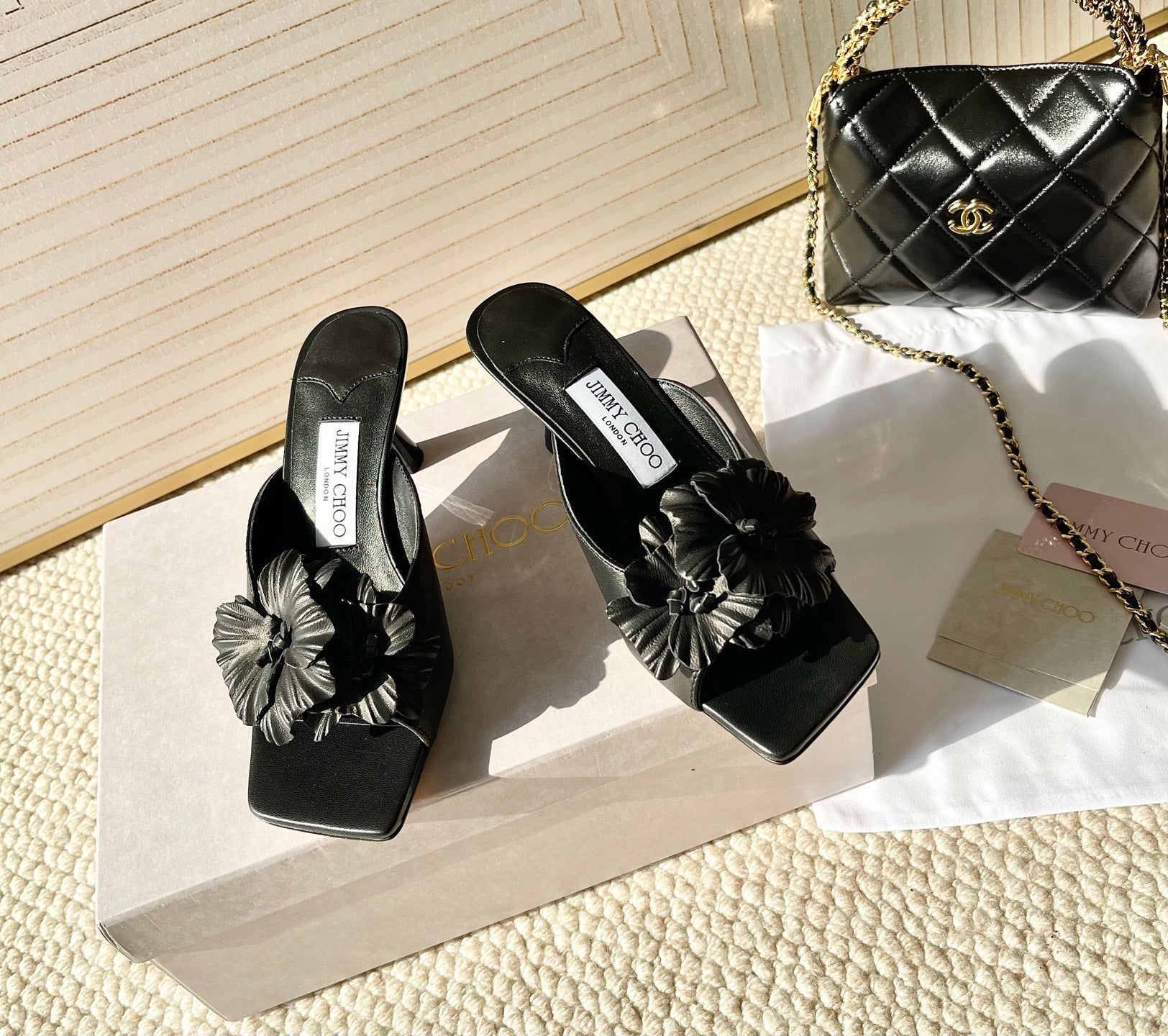 Jimmy Choo Skye Corsage Sandals Black Sheepskin 669846