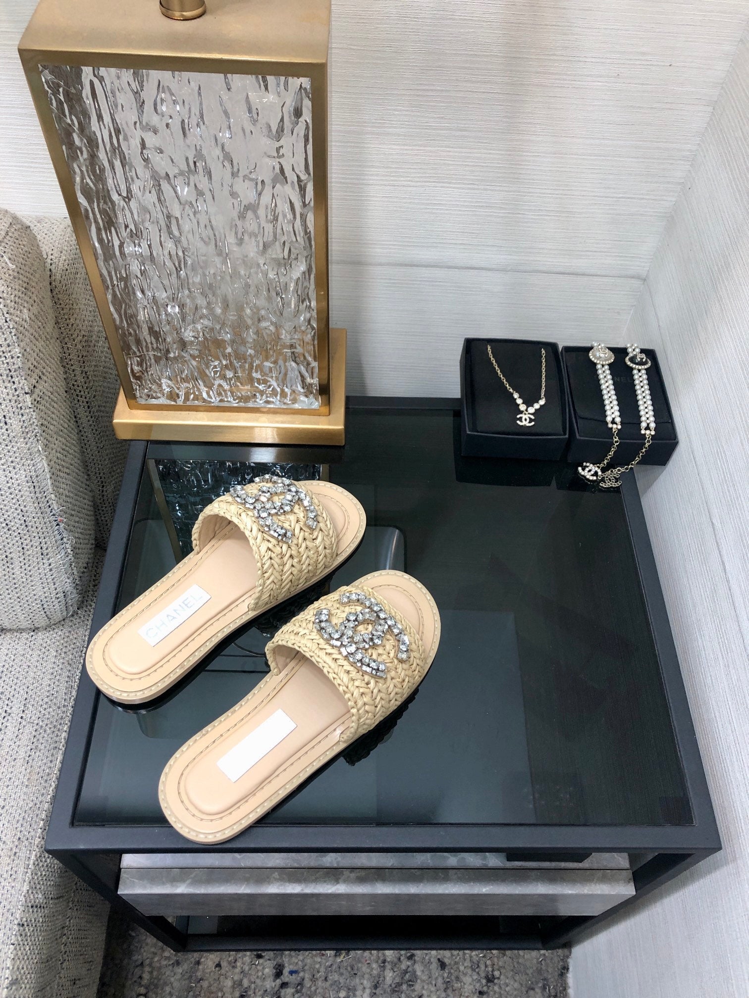 CC Flat Slides Beige Braided Raffia Crystal Embellished 688667