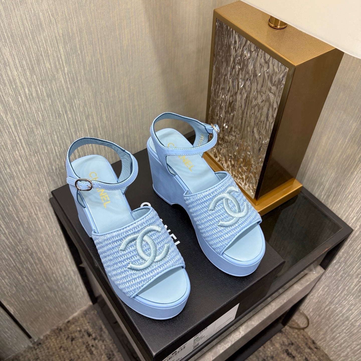 CC 26s Platform Sandal Light Blue Raffia Sheepskin 688694