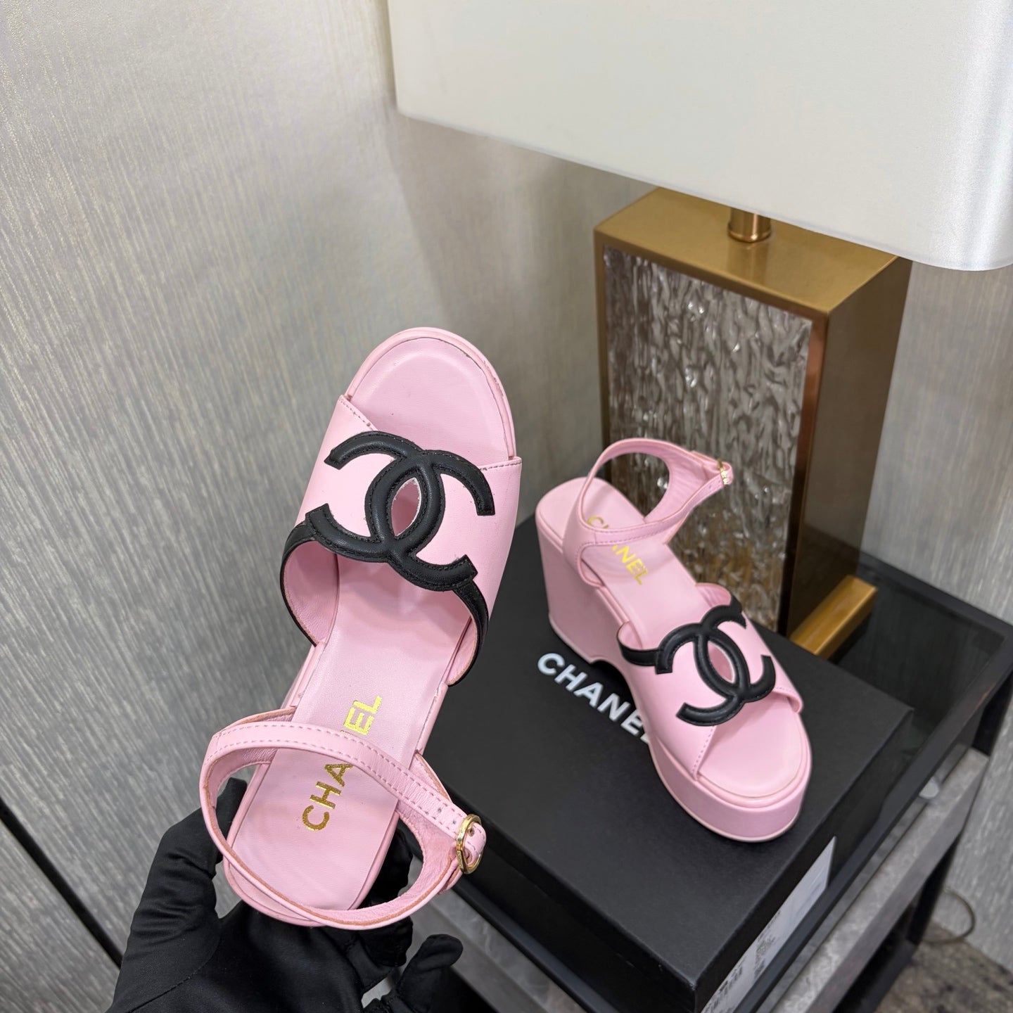 CC 26s Platform Sandals Light Pink Black Sheepskin 688703
