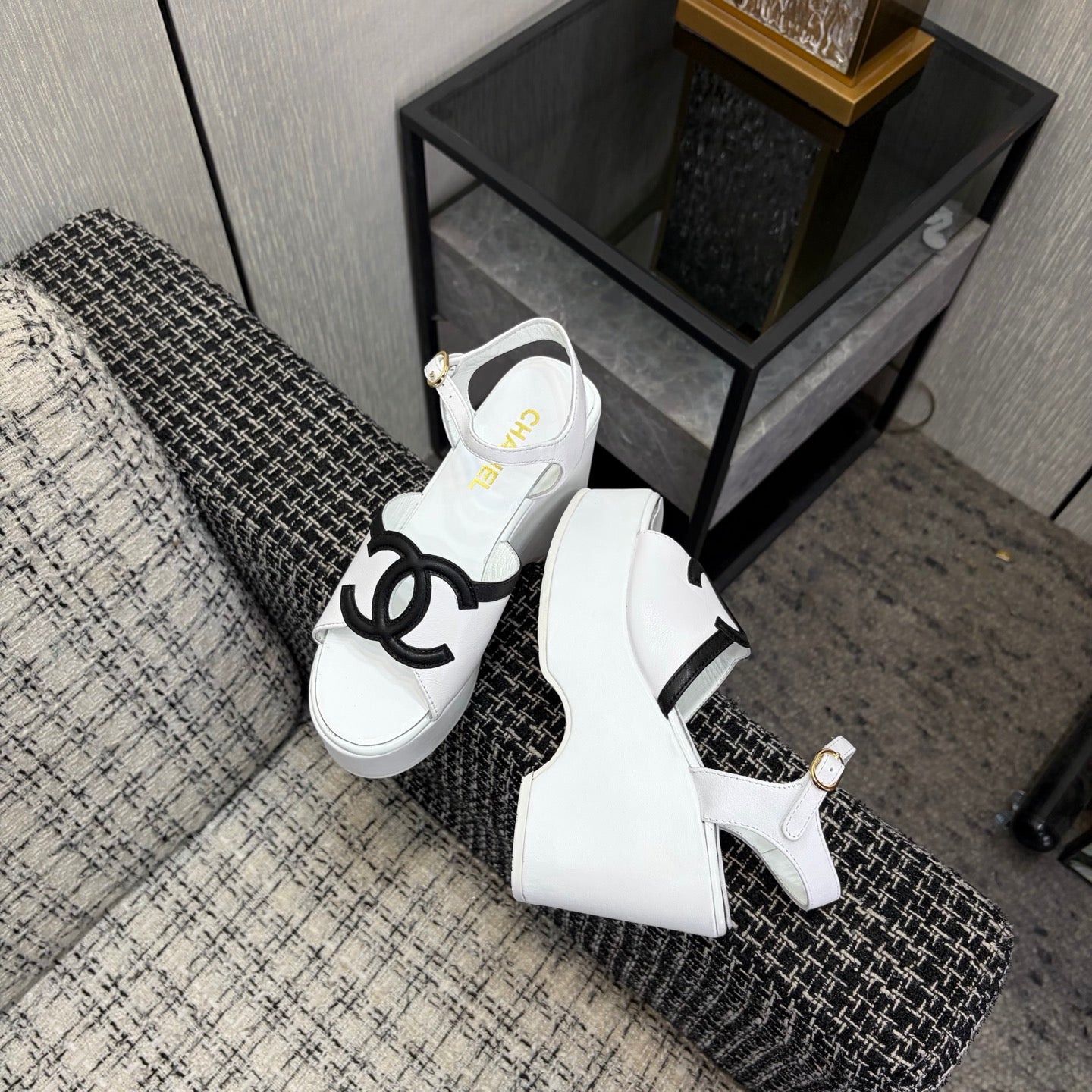 CC 26s Platform Sandals White Black Sheepskin 688706