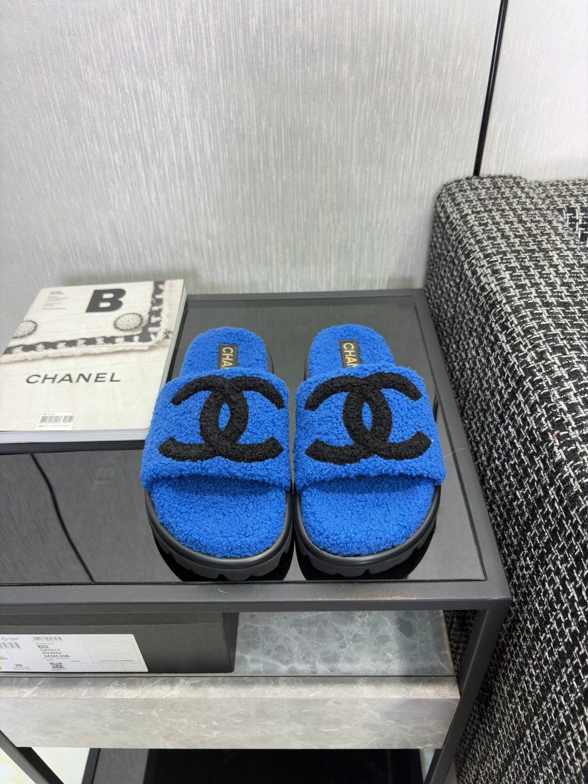 CC 26s Shearling Slide Flat Mules Blue Black Wool 128095