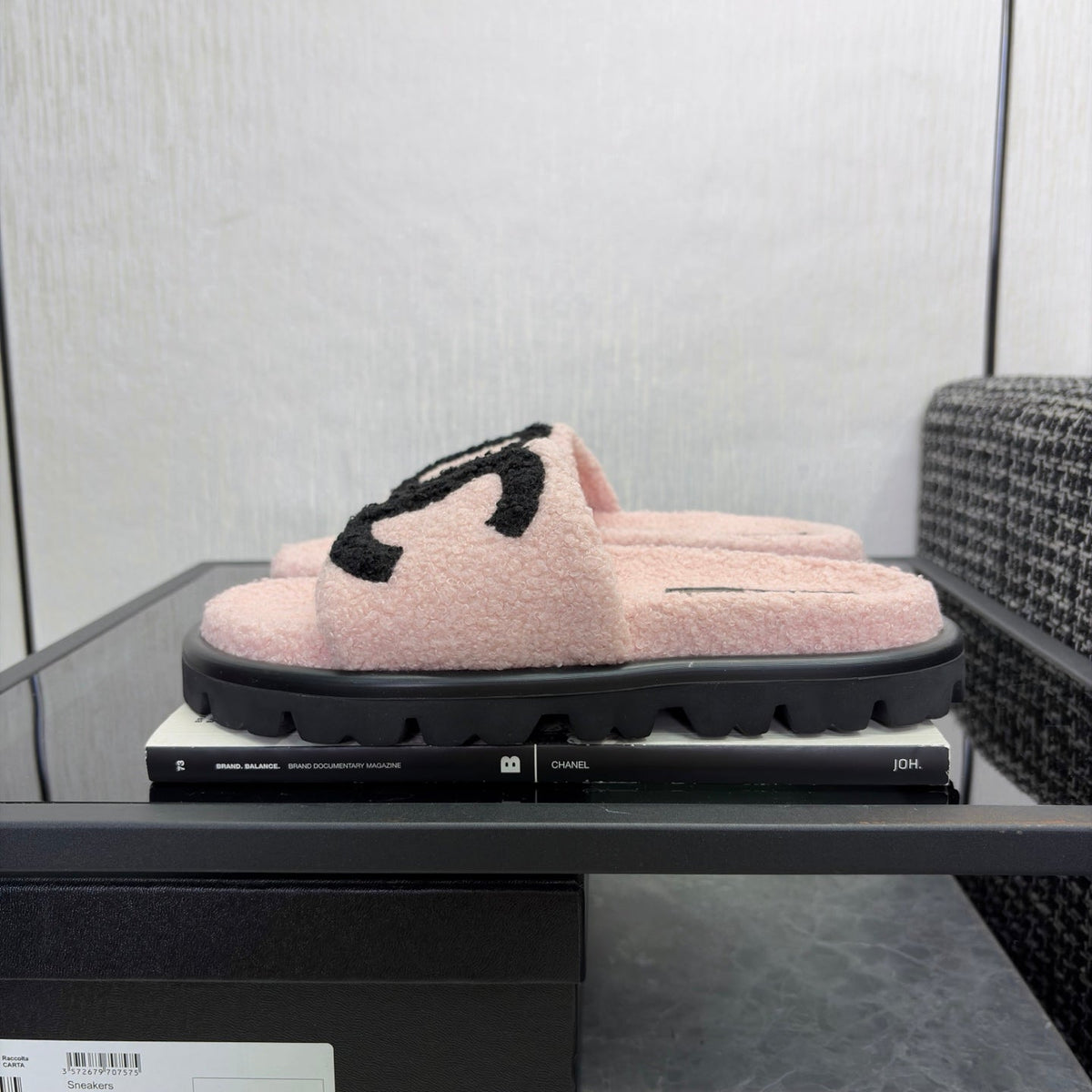 CC 26s Shearling Slide Flat Mules Light Pink Black Wool 128096