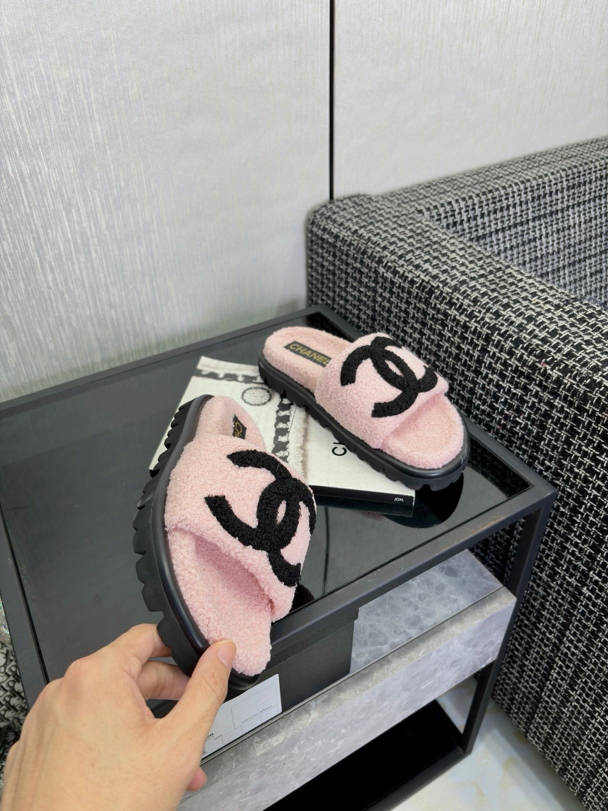 CC 26s Shearling Slide Flat Mules Light Pink Black Wool 128096