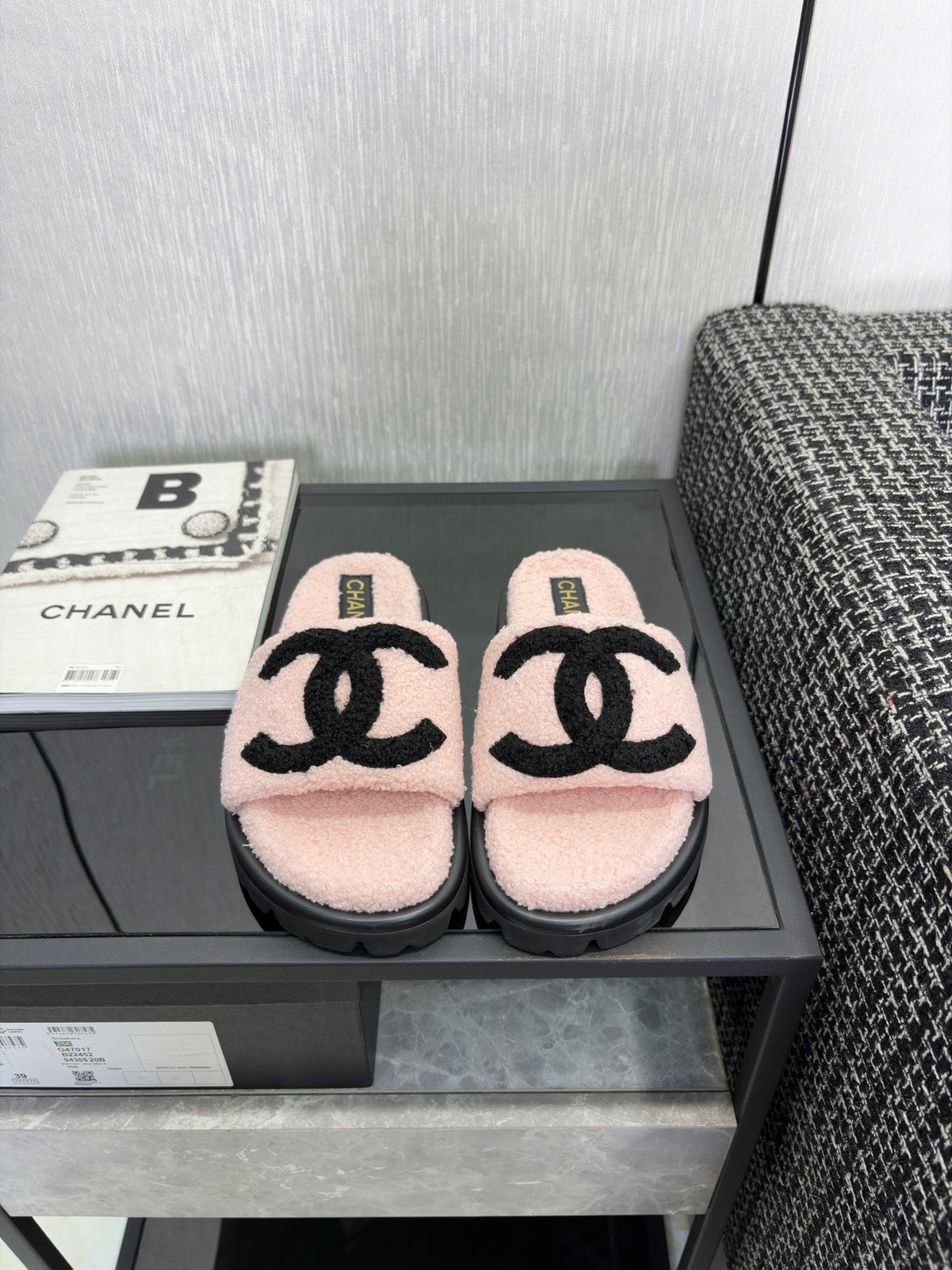 CC 26s Shearling Slide Flat Mules Light Pink Black Wool 128096