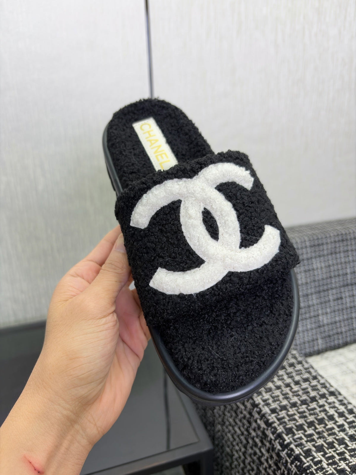 CC 26s Shearling Slide Flat Mules Black White Wool 128101