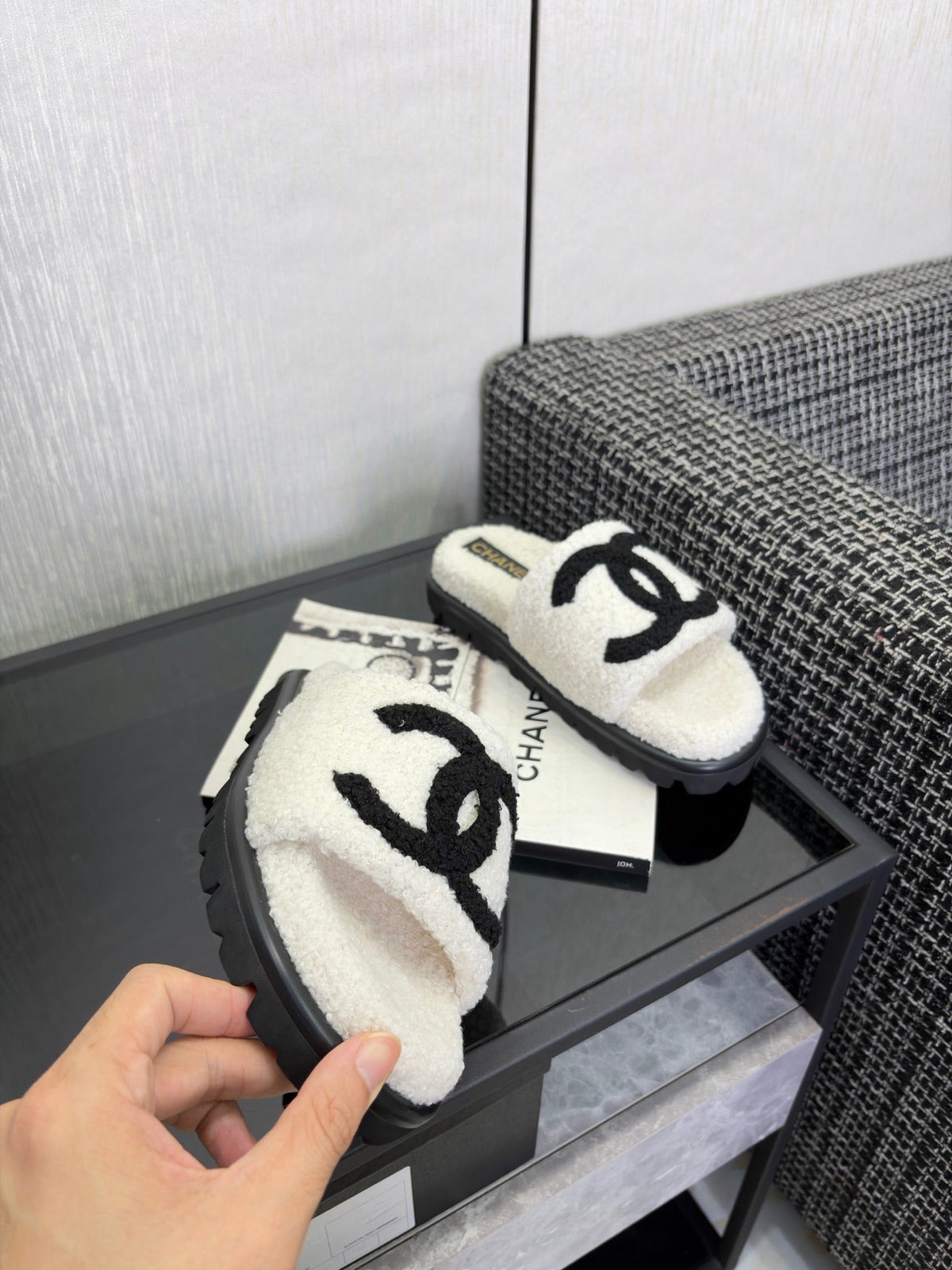 CC 26s Shearling Slide Flat Mules White Black Wool 128102