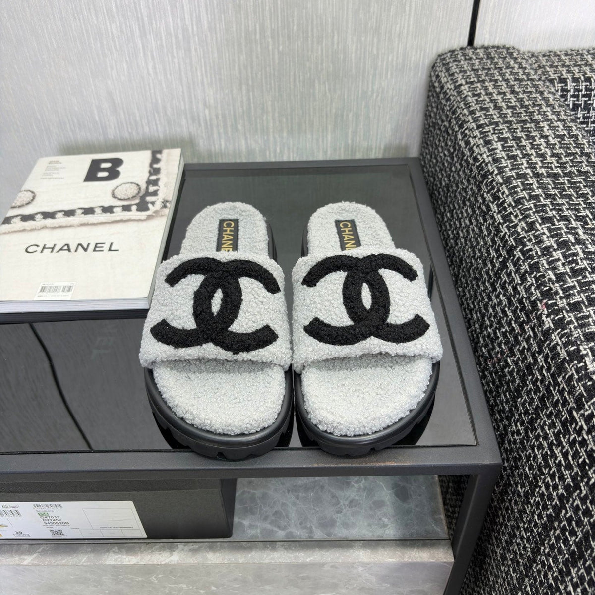 CC 26s Shearling Slide Flat Mules Grey Black Wool 128100