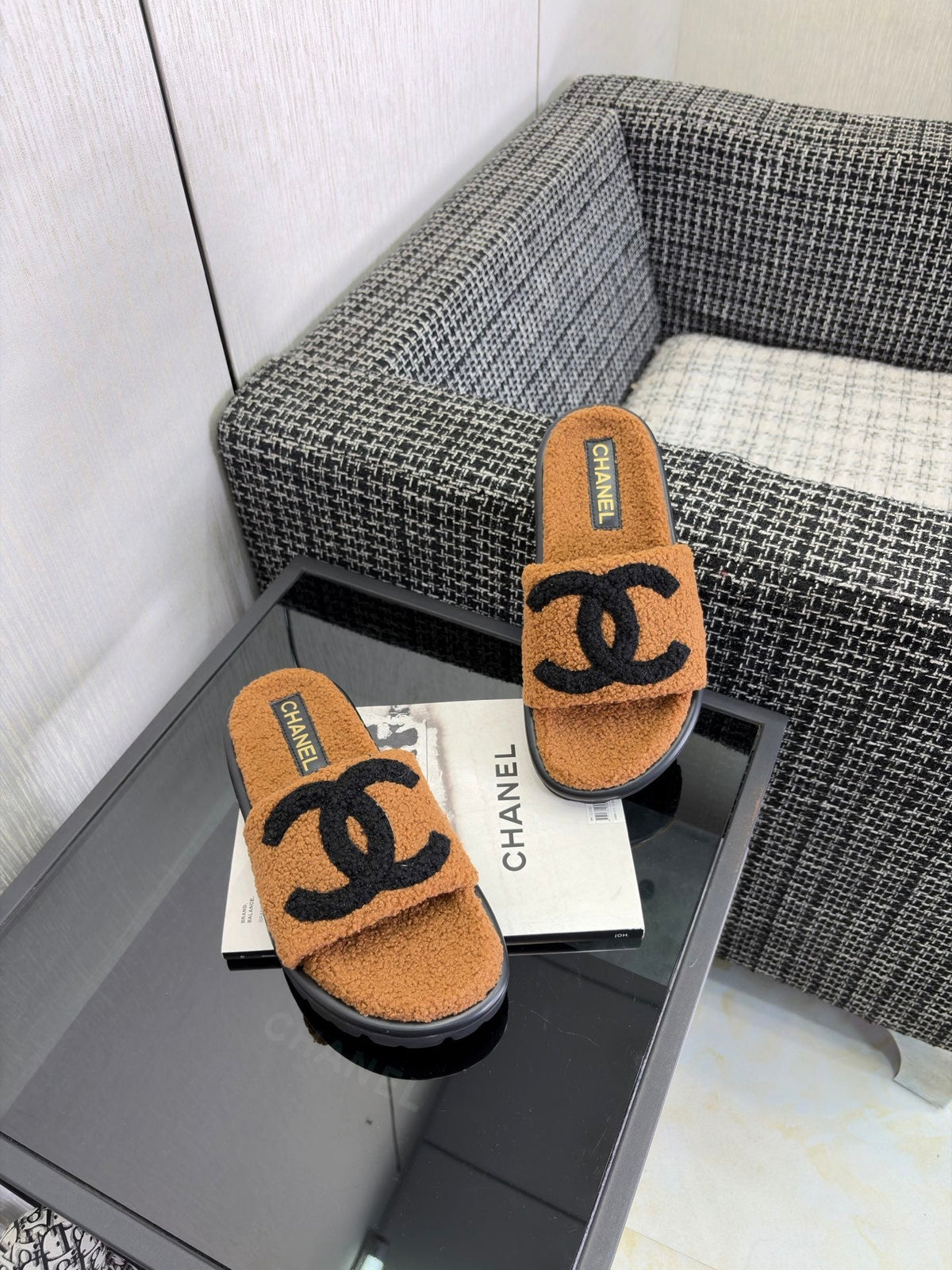 CC 26s Shearling Slide Flat Mules Brown Black Wool 128099