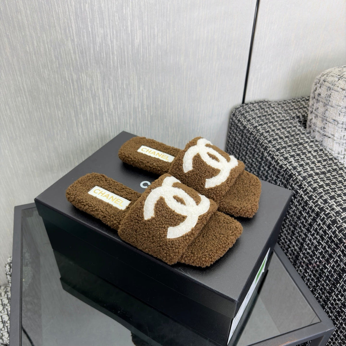 CC 26s Shearling Square Toe Sandals Brown White Wool 128089