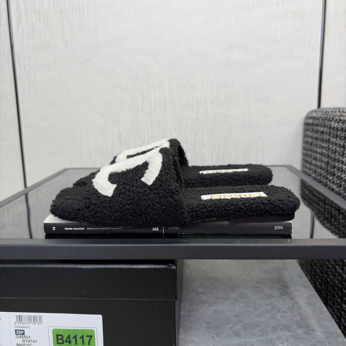 CC 26s Shearling Square Toe Sandals Black White Wool 128094