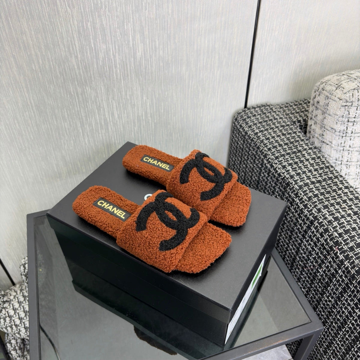 CC 26s Shearling Square Toe Sandals Brown Black Wool 128088