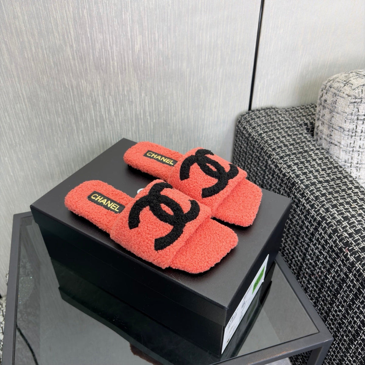 CC 26s Shearling Slide Flat Mules Coral Black Wool 128092
