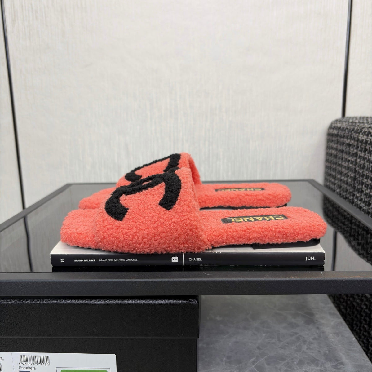 CC 26s Shearling Slide Flat Mules Coral Black Wool 128092