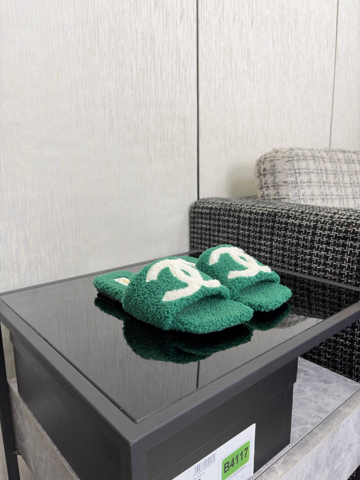 CC 26s Shearling Square Toe Sandals Green White Wool 128091