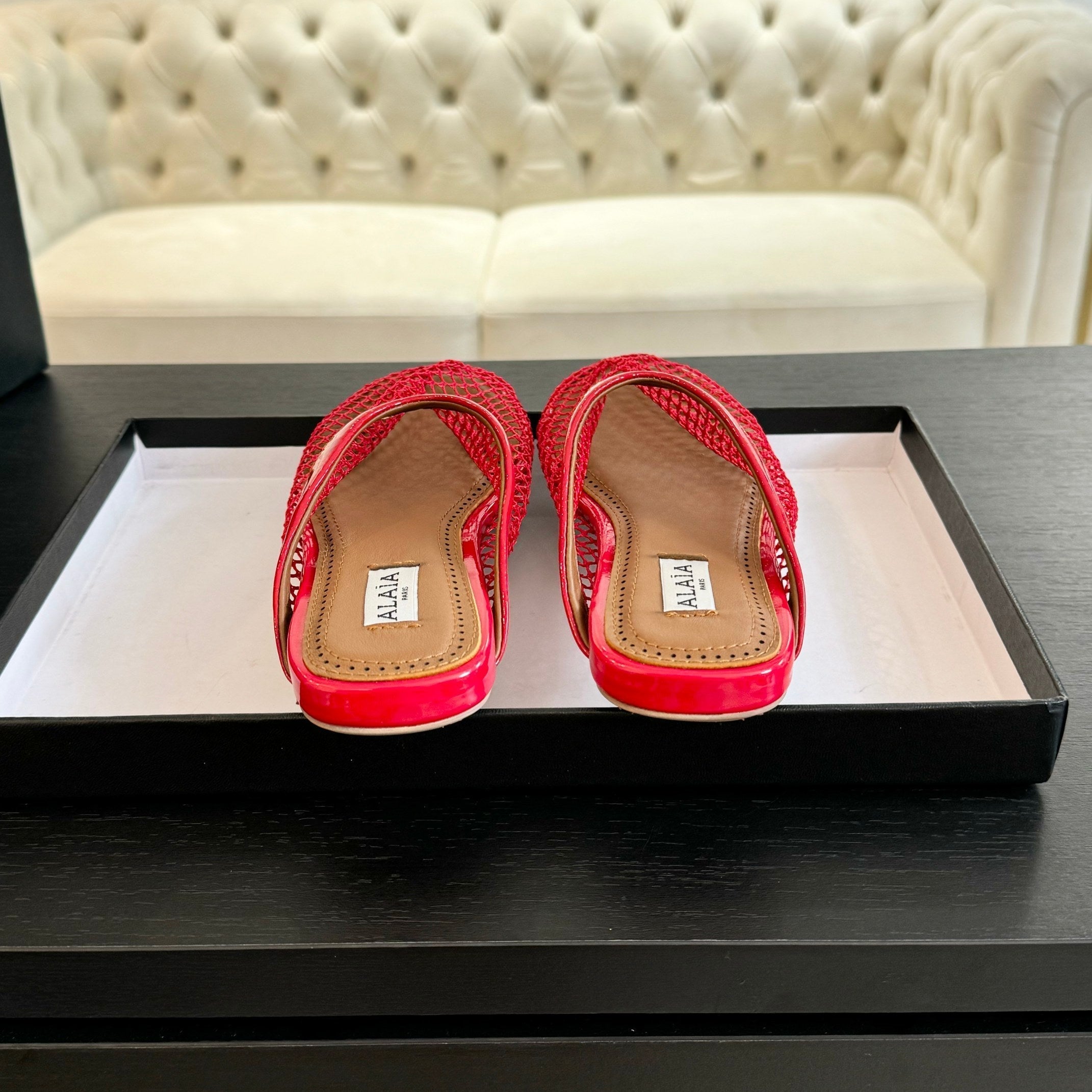 flat mule fishnet red lambskin