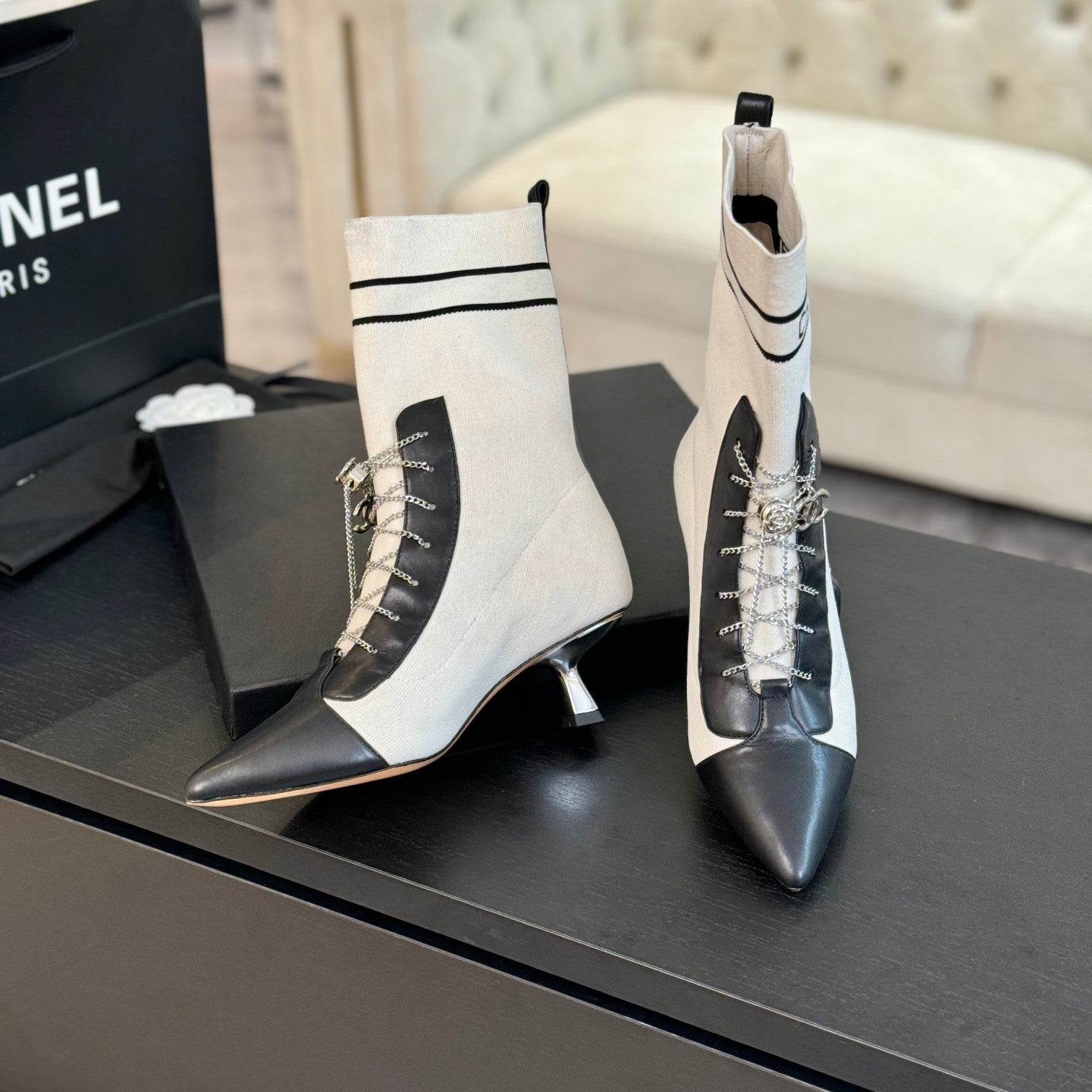 CC Ankle Boots White Black Chain Wool And Lambskin