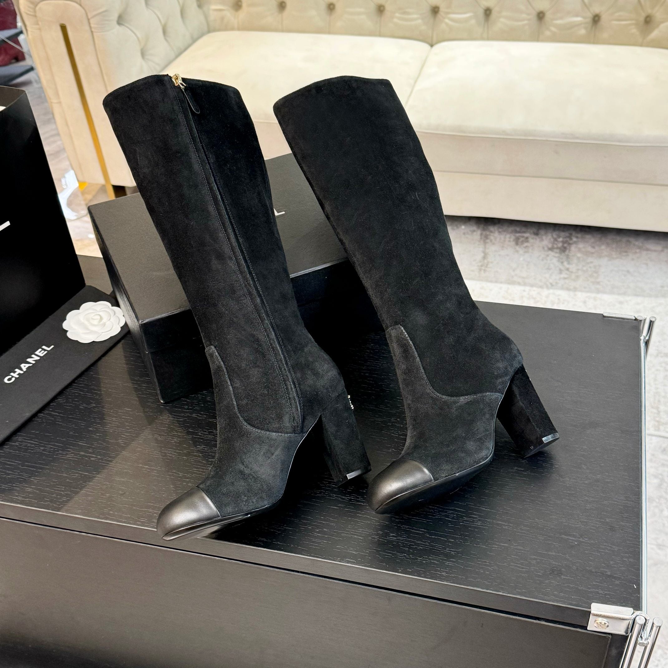 CC 26s Block Heel Long Boot 8cm Black Suede Lambskin 957798