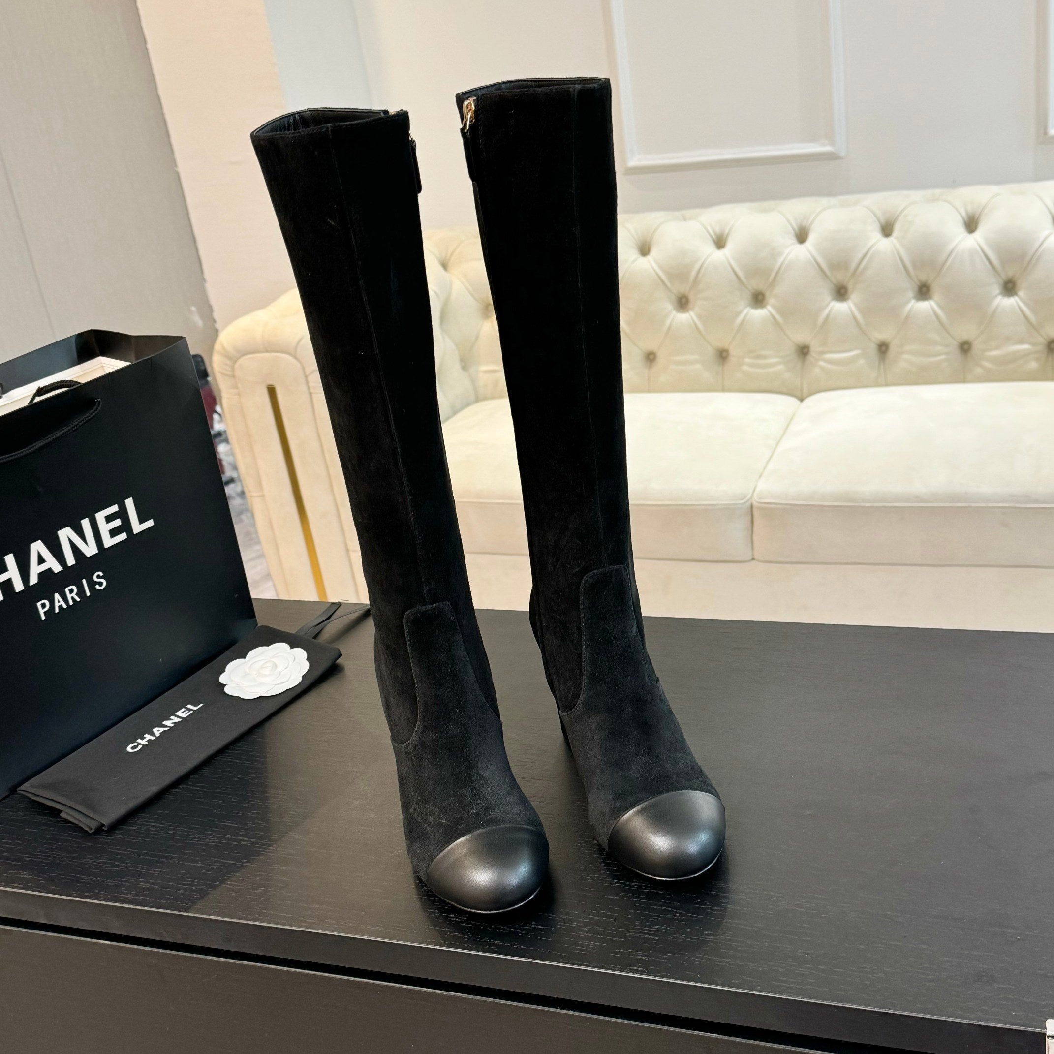 CC 26s Block Heel Long Boot 8cm Black Suede Lambskin 957798