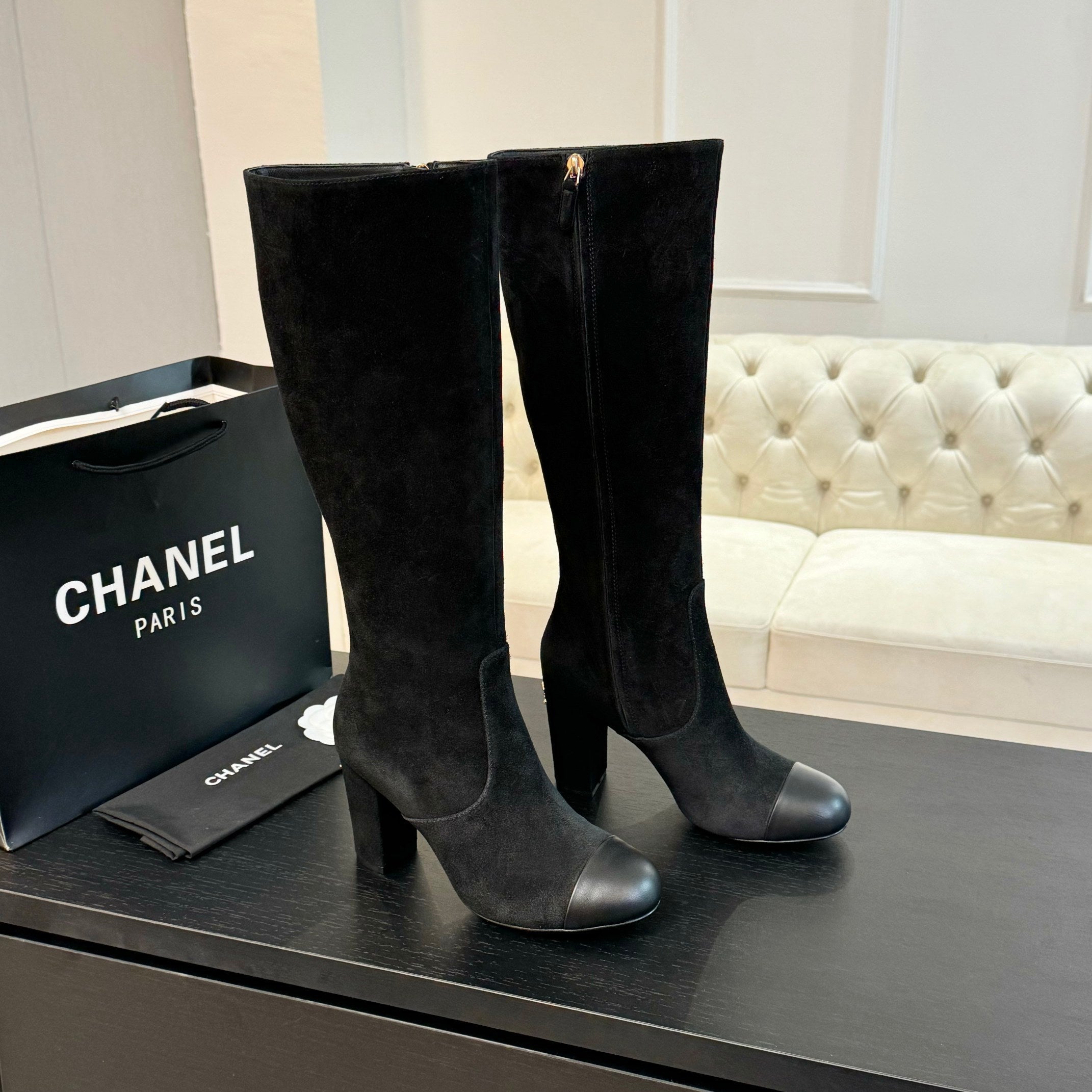 CC 26s Block Heel Long Boot 4.5cm Black Burgundy Suede Lambskin 957797