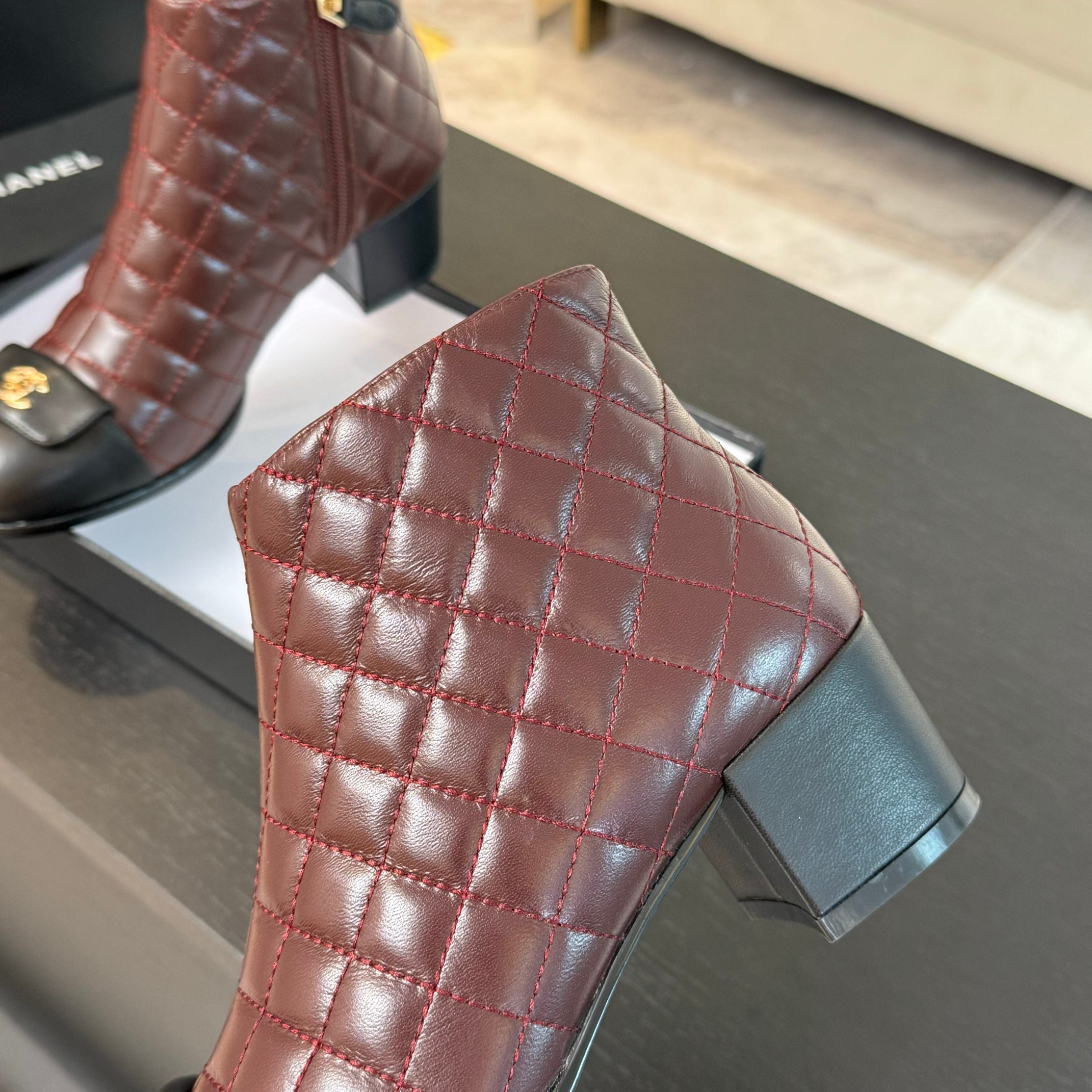 CC Ankle Boots 50mm Burgundy Black Quilted Lambskin