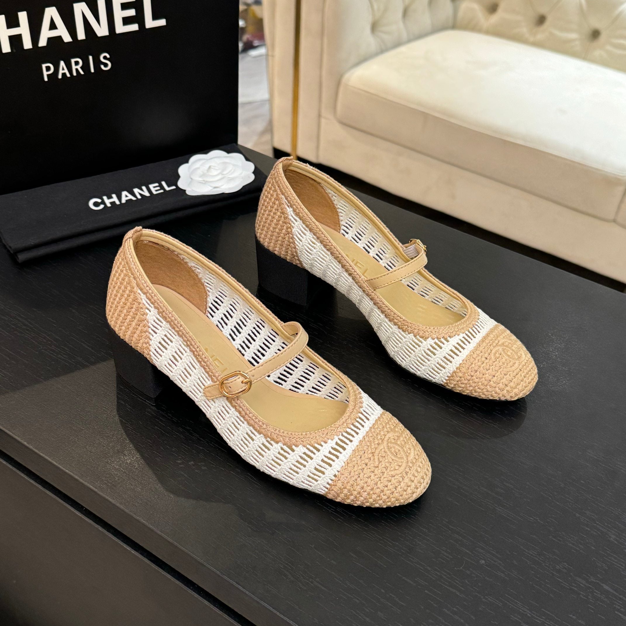 CC 25P Mary Jane 50mm Beige White Raffia 373790