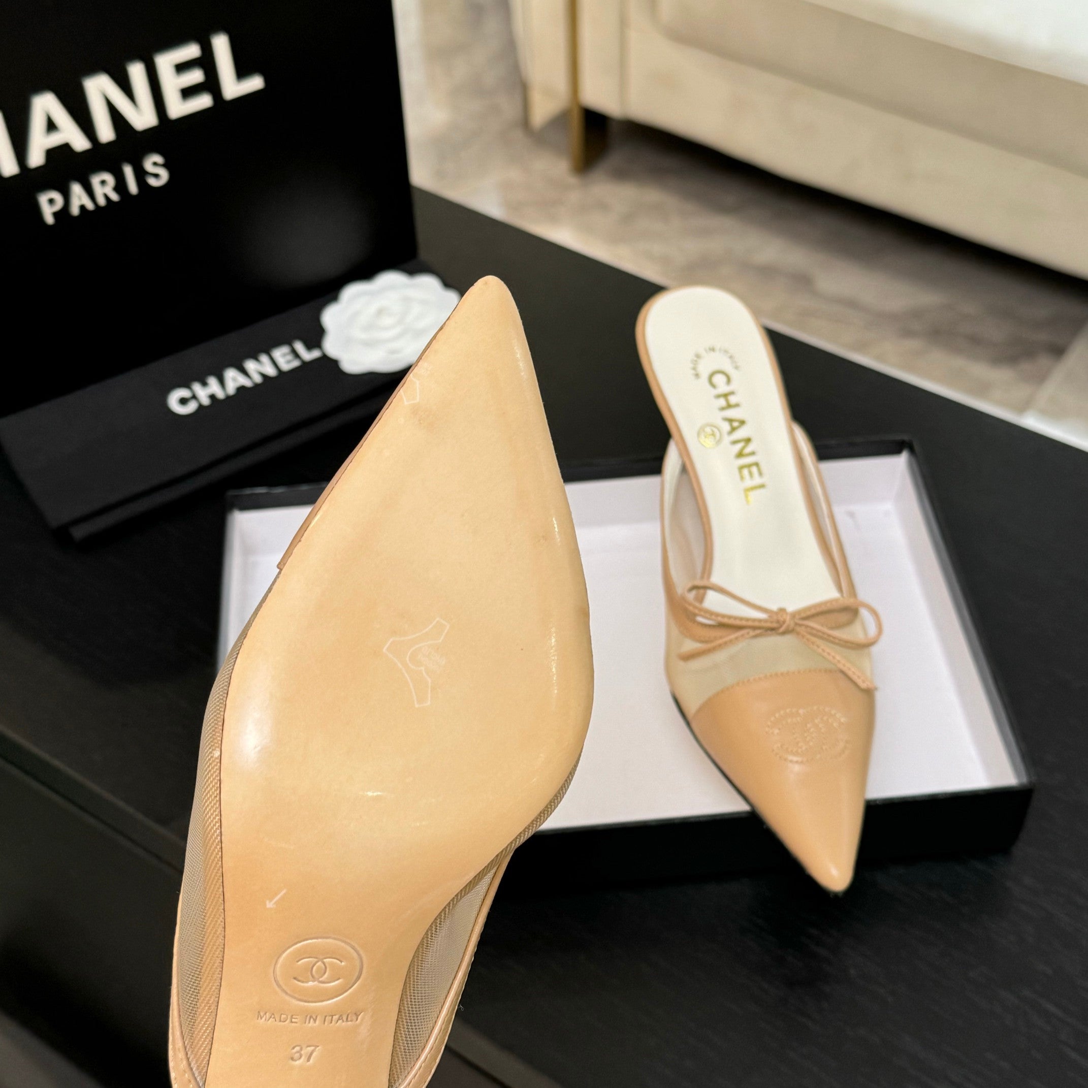 CC 26s Métiers d'Art Pointed-Toe Mule Beige Mesh Sheepskin 700622