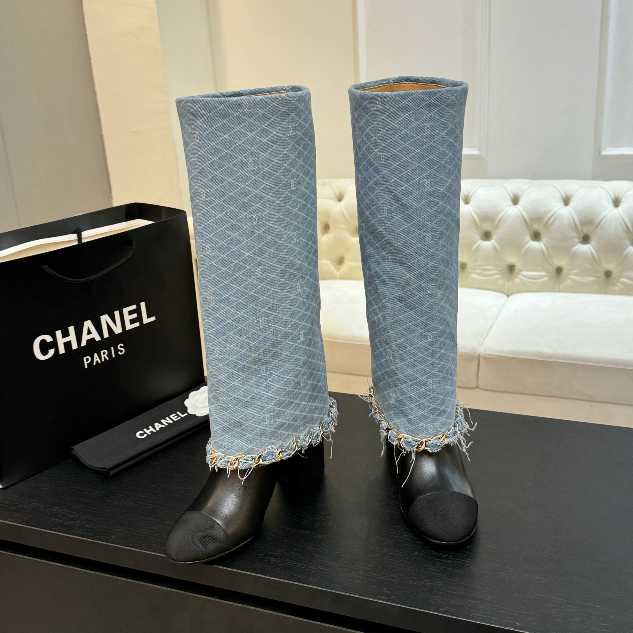 CC 25B High Boots Light Blue Denim With Chain Black Grosgrain 373808