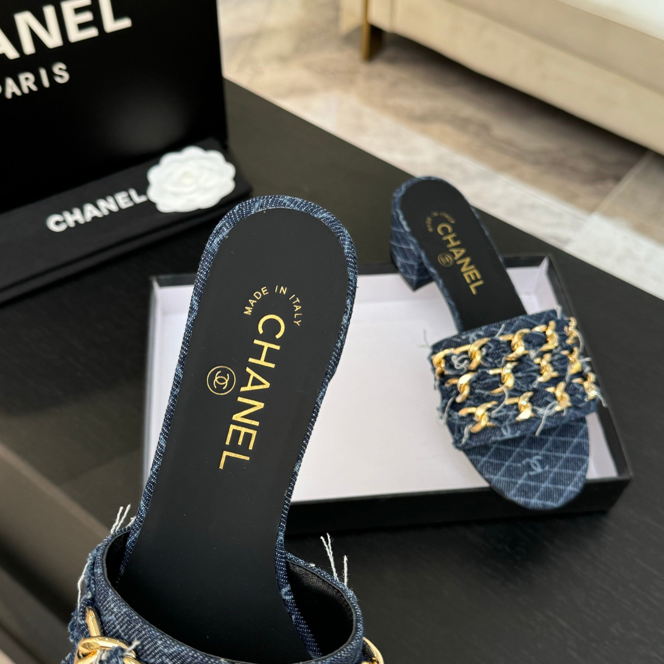 CC 25B Heel Mule Sandals 50mm Navy Blue Denim With Chain 373821