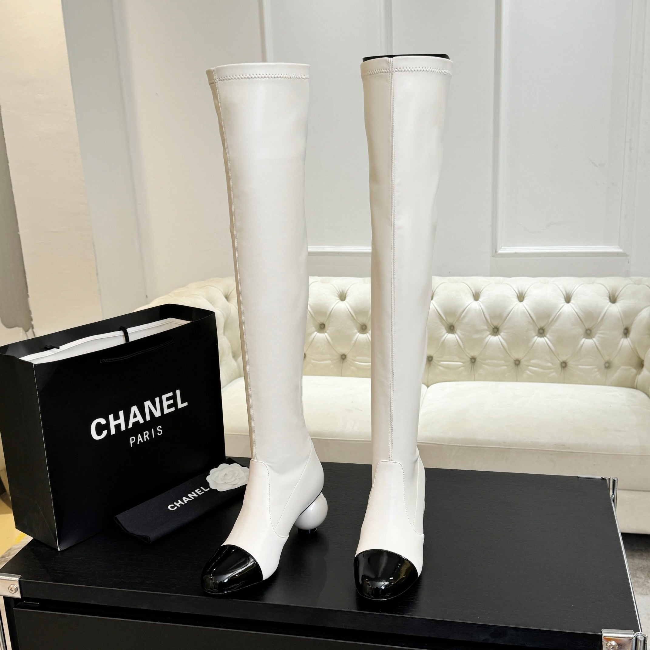 CC 25A Double C Giant Pearl Heel Boots 50mm Black White  Cowhide 454945