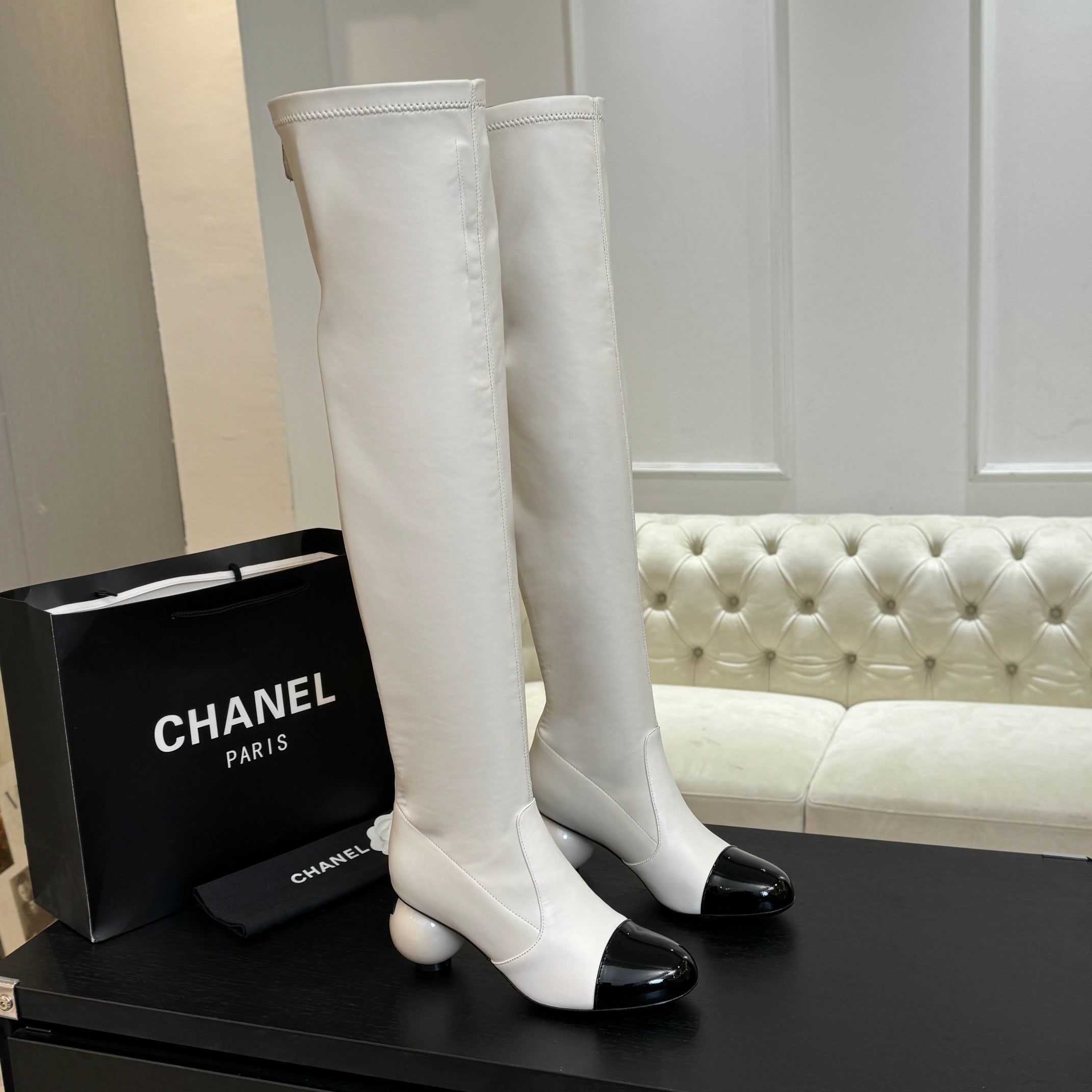 CC 25A Double C Giant Pearl Heel Boots 50mm Black White  Cowhide 454945