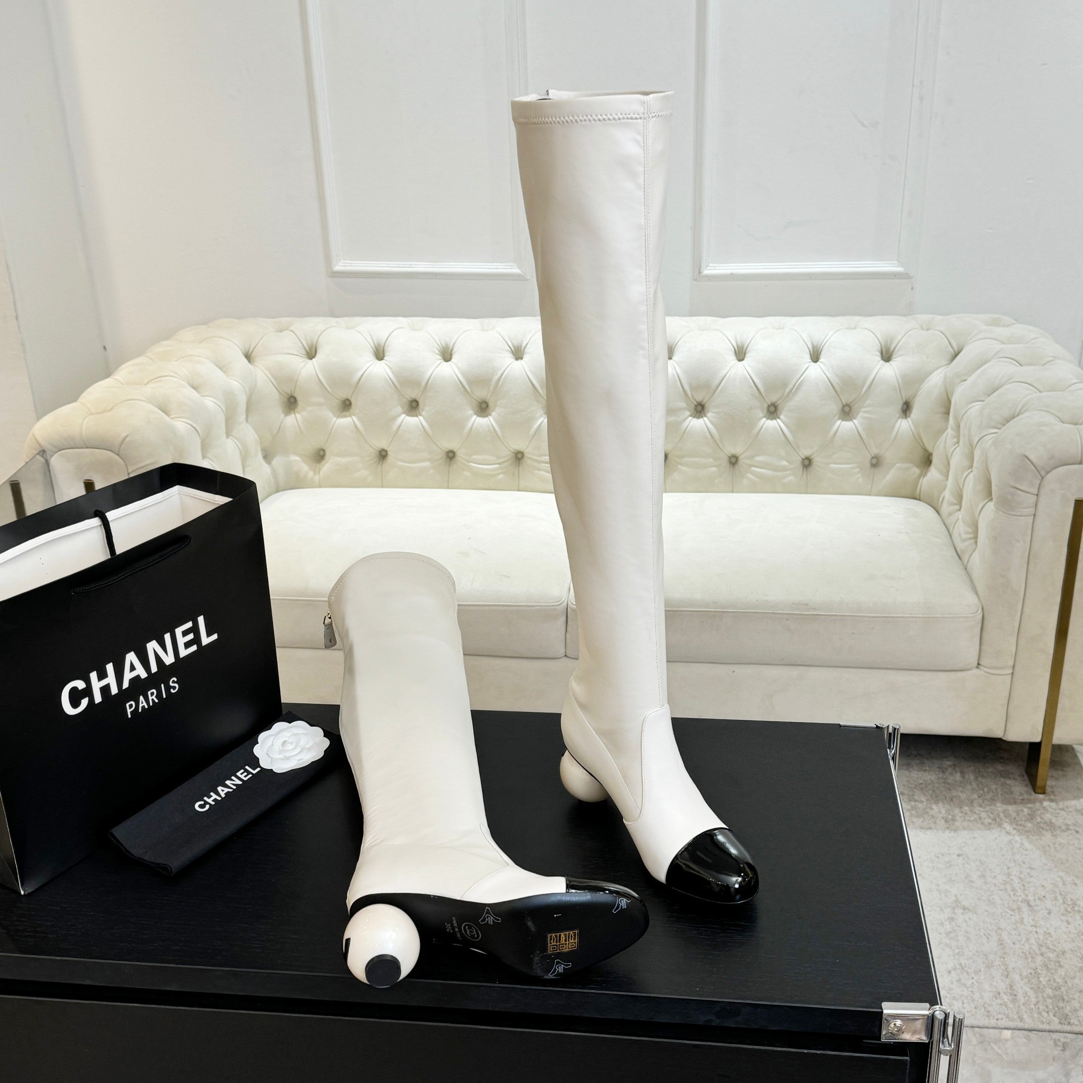 CC 25A Double C Giant Pearl Heel Boots 50mm Black White  Cowhide 454945